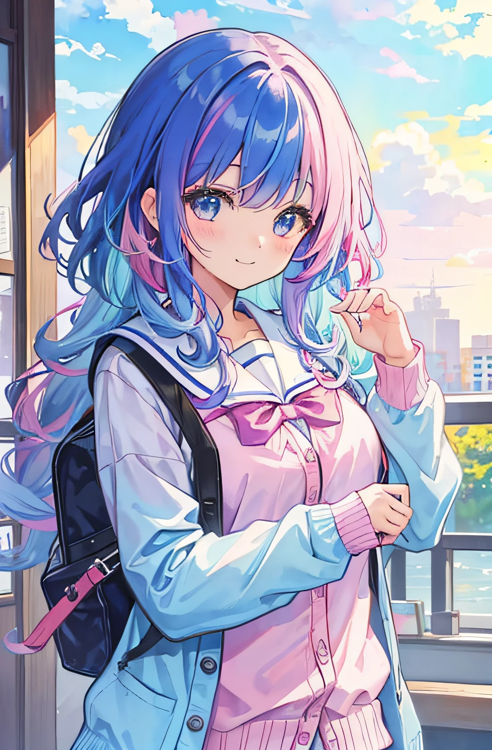 student clothes、cardigan、hi-school girl、tits out、(​masterpiece、top-quality、top-quality、watercolor paiting(Curly)、Official Art、Beautifully Aesthetic:1.2)、(1girl in:1.3)、(Fractal art:1.3)、looking at the viewers、patterns、(rainbow-colored hair、colourful hair、Half blue and half pink hair:1.2)、Eau、liquids、​​clouds、细致背景、schools、colourfull、a smile、Throat and face