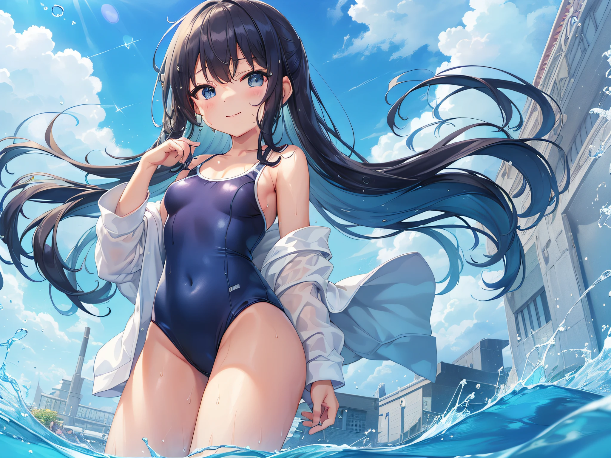 masterpiece、top-quality、Ultra-fine beauty、((((Simple Blue School Swimsuit))))、((((小柄、girl with)))、Side low tail hair、full bodyesbian、Wet、thins、hydrophobicity、Water repellent、Benevolent smile、 Cover under the chest、Small cleavage slightly visible、protruding nipple、medium breasts、Fishing eyes、Tight swimsuit、A swimsuit that sticks snugly to the skin、extremely wet、Very sweaty、frontage、Pour water on viewers