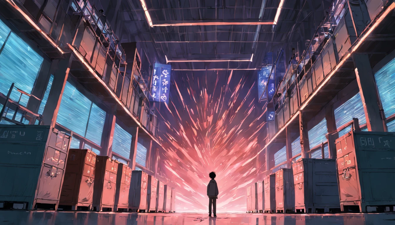 /imagine prompt: A man standing in front of a huge warehouse, filled with various resources, seemingly boundless. The man stretches out his hands as if feeling the endless supplies,
