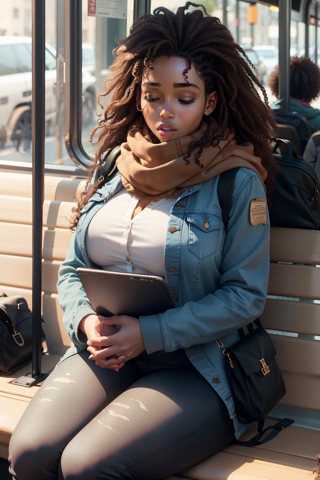 1 beautiful woman, adult, large body, short hair, brown hair, afro hair, outlined eyelids, made-up eyelids, made-up face, gray jean jacket, scarf, black jeans, black bag, brown boots, sleeping sitting on the bus, mouth open , Closed eyes.