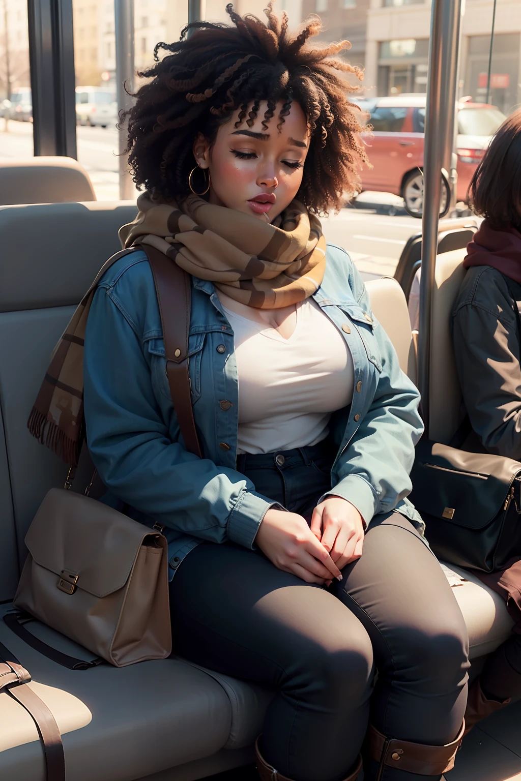1 beautiful woman, large body, eyes closed, eyelids made up, medium earrings, short afro hair, mint green dress, black jacket over the dress, sandals, large turquoise bag, long eyelashes, full lips, mouth open, head resting on the seat , sleeping lying on the train