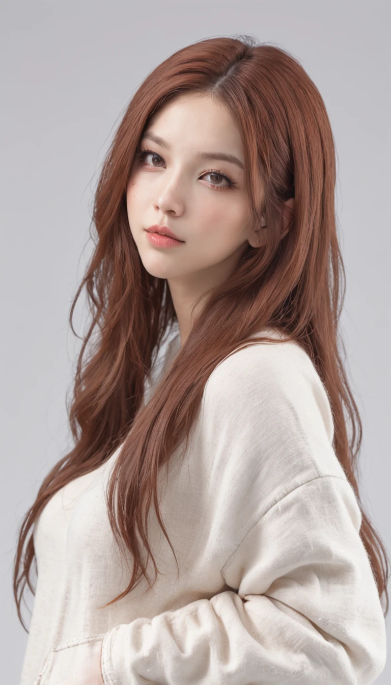 1girl, supermodel, (((Beautiful clear face))), The woman, Oversized hoodie, ass big, auburn long hair, Masterpiece, Best Quality, Shoes, full - body, posing for a picture, beautifully color-coded, ankle socks, Scrunchbutt leggings white background, Studio, looking at the side, hooded