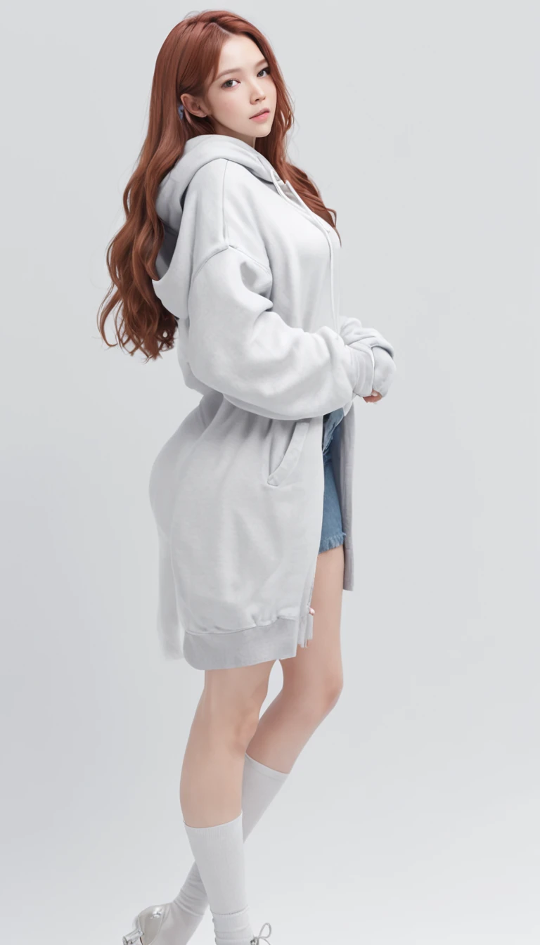 1girl, supermodel, (((Beautiful clear face))), The woman, Oversized hoodie, ass big, auburn long hair, Masterpiece, Best Quality, Shoes, full - body, posing for a picture, beautifully color-coded, ankle socks, Scrunchbutt leggings white background, Studio, looking at the side, hooded