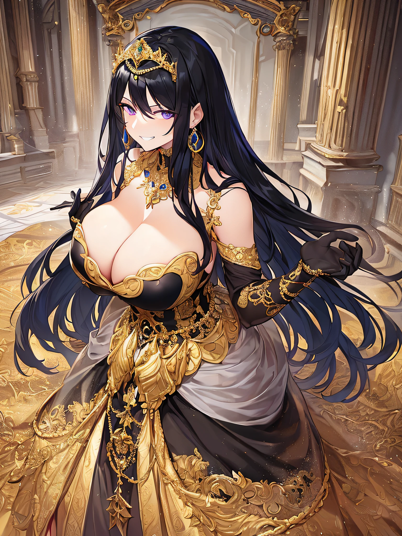 ((anime artstyle)),(Masterpiece),(Best Quality),(Super Detail),(Very Delicate and Beautiful),Solo,((full body,dominant standing pose)),from above,standing in the royal palace,((1 arrogant BlingBling queen in black and gold gorgeous rococo ballgown with voluminous full length hoop skirt)),(crinoline),gorgeousfull embroidery,Long train,((arrogant,haughty)),(((arrogant smile))),Sharp eyes,((gorgeous gemstone jewelry)),detailed face and eyes,jewel-like eyes,Purple eyes,(Bangs between eyes),((large amount of straight hair,extremely Long voluminous black Hair)),((gigantic tits,Long tits)),gorgeousfull embroidery,cleavage,extremely gorgeousfull hair ornament,(bling-bling extremely gorgeousfull jeweled tiara),gorgeous corsage,(Dynamic Angle),Looking at viewer,((full body)),((black and gold gorgeous rococo ballgown with voluminous full length hoop skirt))