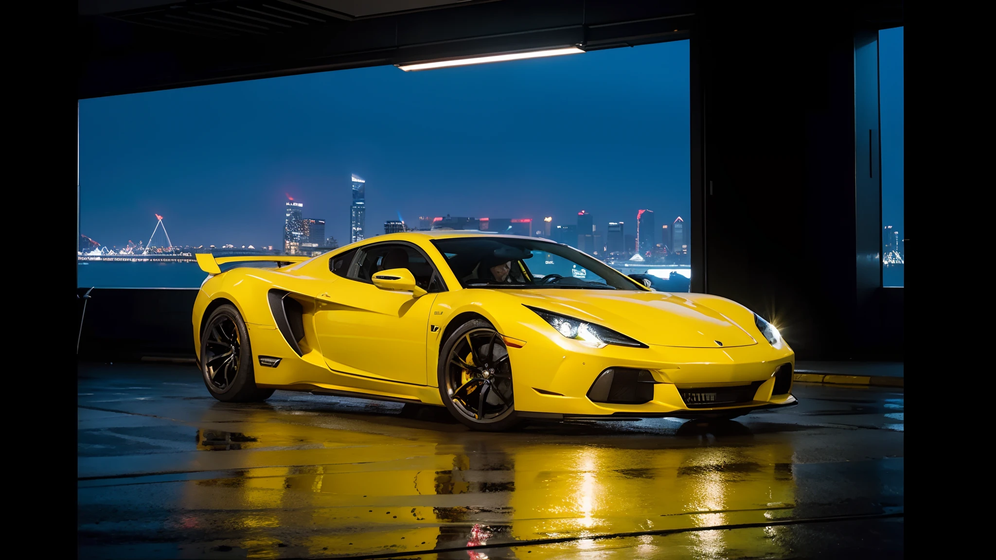 Super photo，Yellow body，Sense of speed，super car，Supercar，profesional photo，Big wheels，，Cybernetic hood，Network car parts，Front pop-up headlights，scientific fiction，science fiction scene，Natural soft light，multi-perspective，Cyberpunk Personage，Cidade Futuristica，Cyberpunk-city，neon lights sign，highly  detailed，（highly detailed back ground），Multiple buildings in the background，detailed textures，wide angles，8K，HDR，Professional photo shooting，