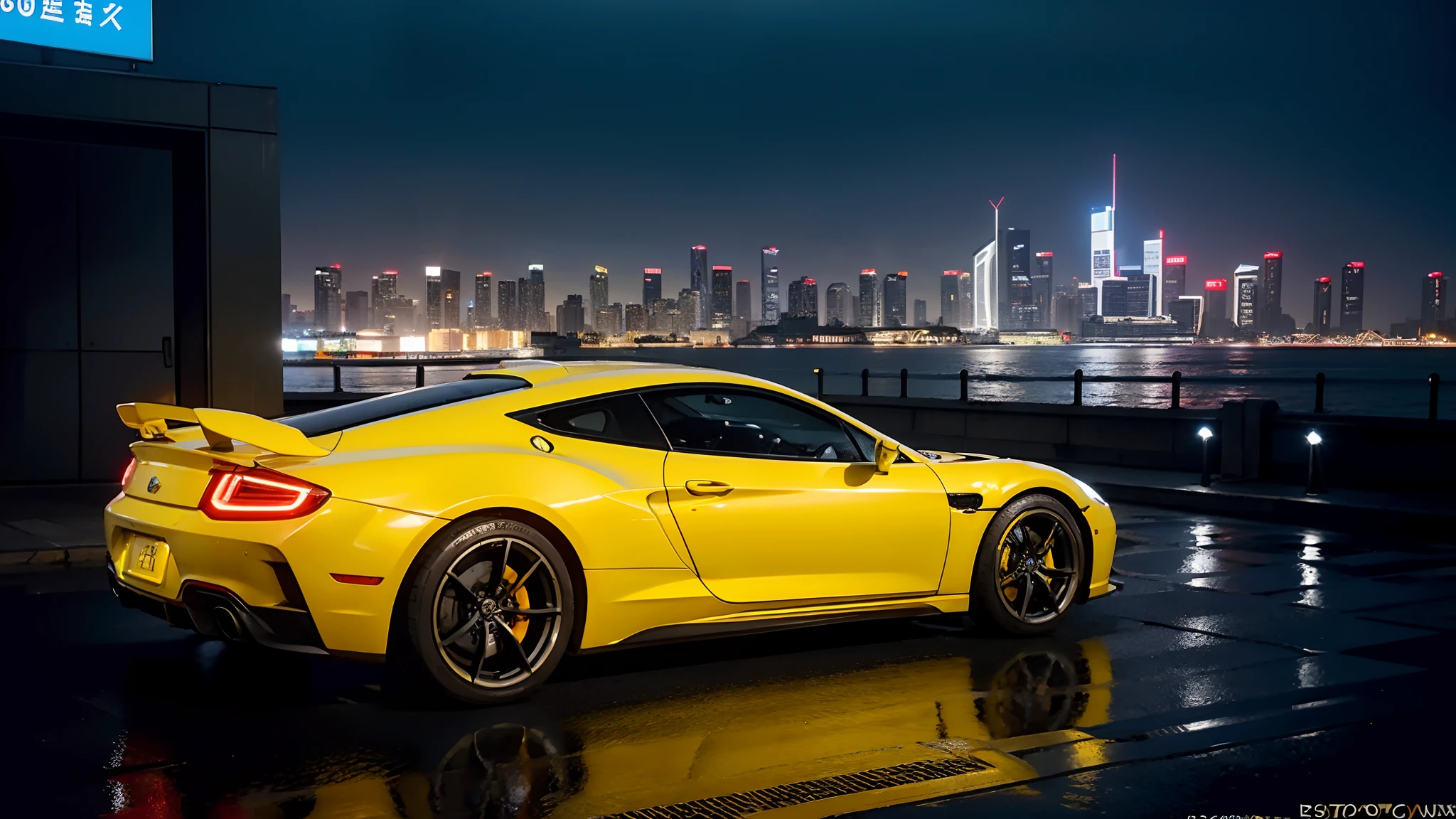 Super photo,Yellow body,Sense of speed,super car,Supercar,profesional photo,Big wheels,,Cybernetic hood,Network car parts,Front pop-up headlights,scientific fiction,science fiction scene,Natural soft light,multi-perspective,Cyberpunk Personage,Cidade Futuristica,Cyberpunk-city,neon lights sign,highly detailed,(highly detailed back ground),Multiple buildings in the background,detailed textures,wide angles,8K,HDR,Professional photo shooting,