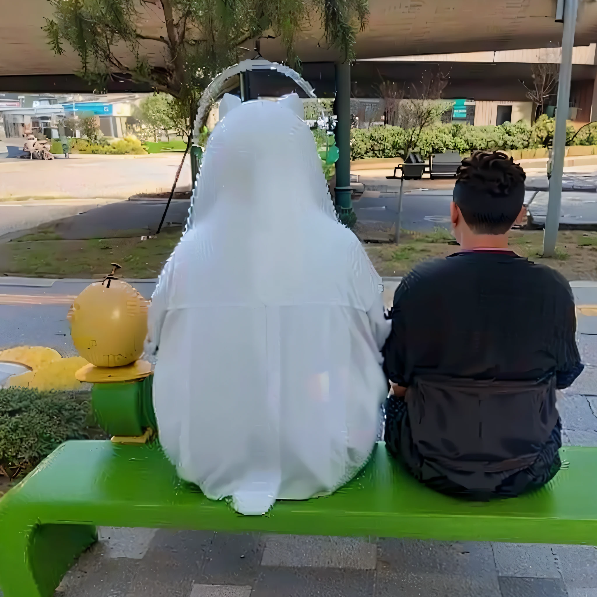 Alafi sat on the bench,A man sits on it, funny sculpture, he has a big egg, man sitting facing away, Sitting down, 8K)), big chungus, photo still of behind view, sitting on a bench, #overclocking, # overclocking, funny art, sittin, Ready to eat, his head is a pear, his back is turned