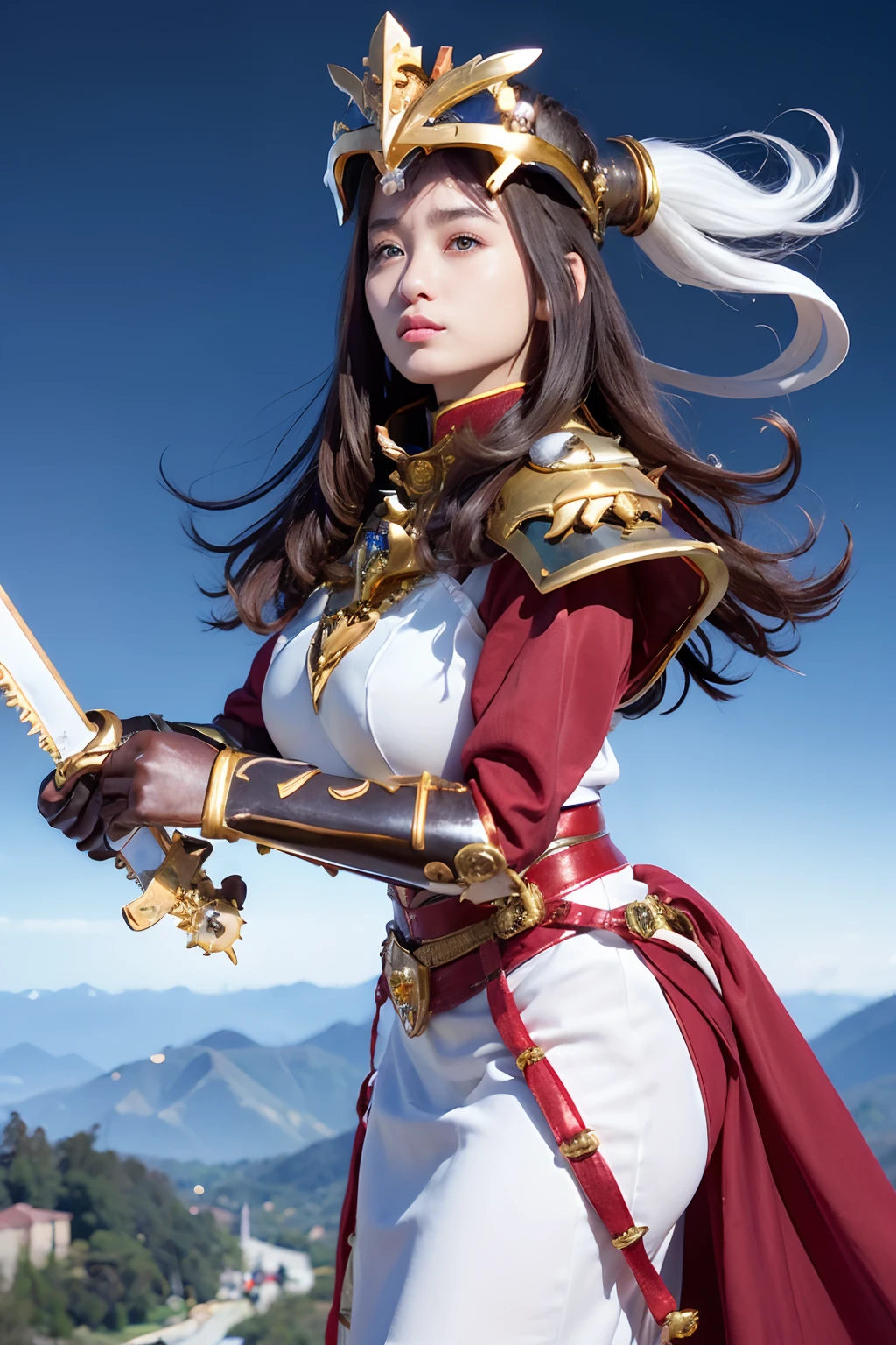 (masutepiece), Professional , ​masterpiece、top-quality、photos realistic , depth of fields ,（Wind element），close-up，dream magical，tornado，Lightning，（Gemstone Gold Jewel Body:1.６),(Matte White、Jewel Gold Weapon_、（Metal:1.４),Gorgeous Jewel Metal Weapons ,(( Detailed Sword of the Brave)) ,（Stand in front of the dragon）、（magic circles、Magic Chanting）、  Castle background  ,warhammer 40k , adepta sororitas,Wear a gorgeous jewel helmet with attention to detail、Brown hair、（(Gangle's forest background))、Beautiful Caucasian beauty、１a person、dynamic ungle,(((Legendary Armor Jewelry Helmet)))、Particles of light、cleavage of the breast、Battle Pose、Mystical expression、