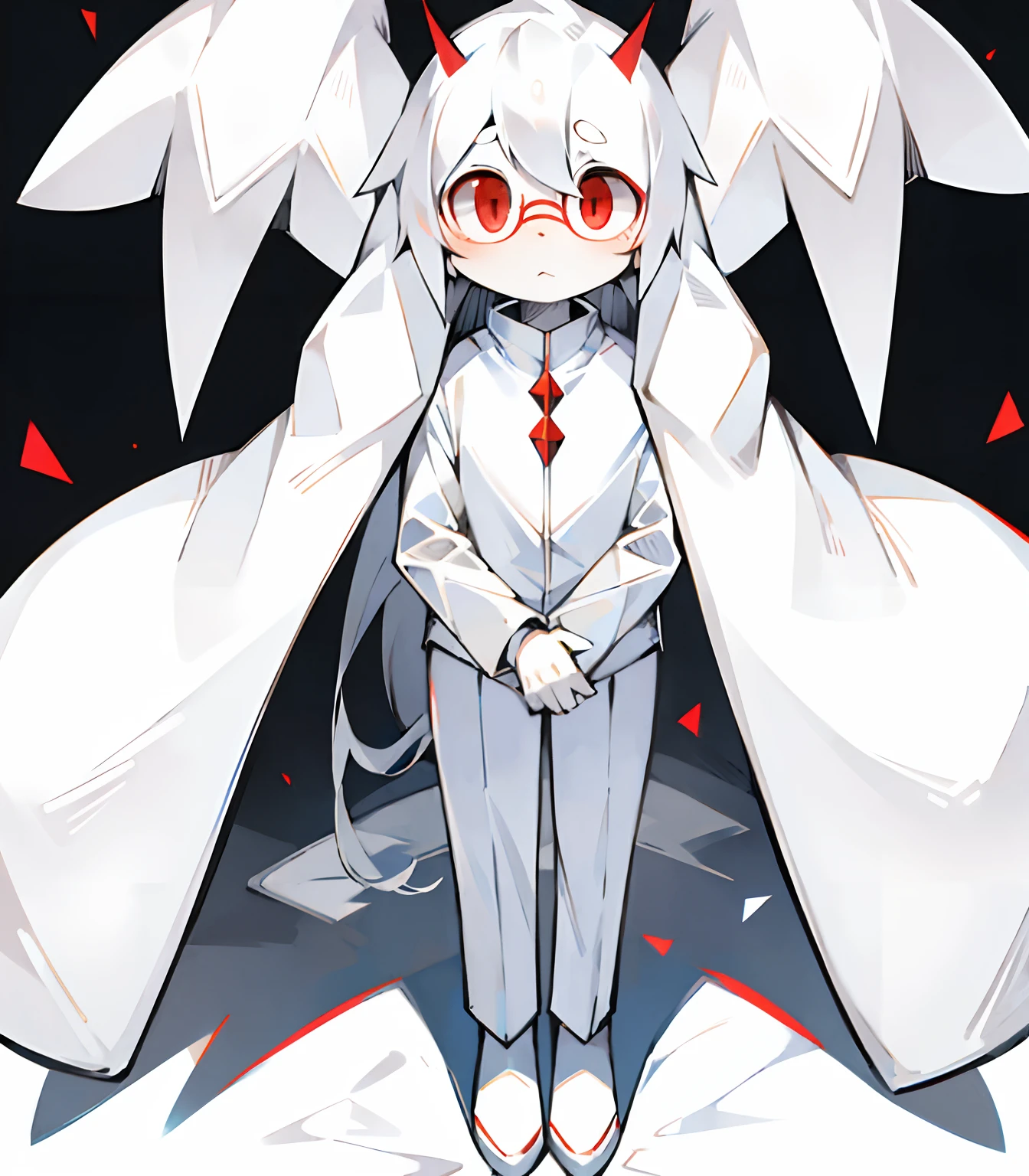 white hair, tall, thin, glasses, cold, white suit, big eyes white hair, tall, thin, glasses, cold, white suit, red eyes