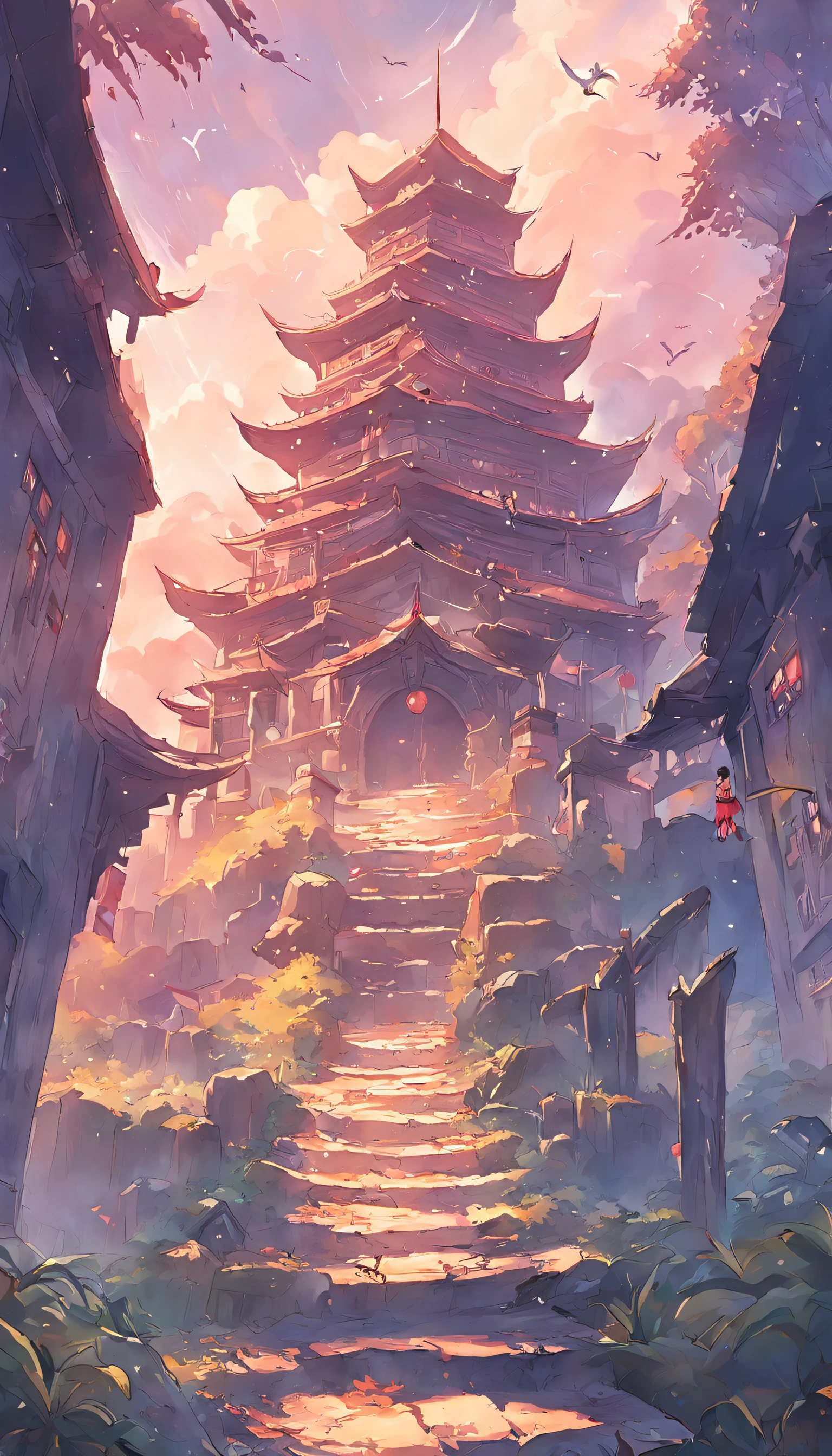 Ancient castle,The periphery is idyllic,Many toiling people,There are many birds flying in the sky,夏天