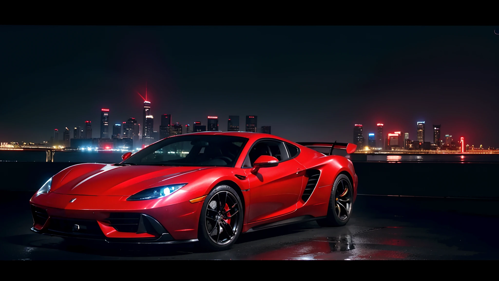 Super photo，Red body，Sense of speed，super car，Supercar，profesional photo，Big wheels，，Cybernetic hood，Network car parts，Front pop-up headlights，scientific fiction，science fiction scene，Natural soft light，Cyberpunk Personage，Cidade Futuristica，Cyberpunk-city，neon lights sign，highly  detailed，（highly detailed back ground），Multiple buildings in the background，detailed textures，wide angles，8K，HDR，Professional photo shooting，