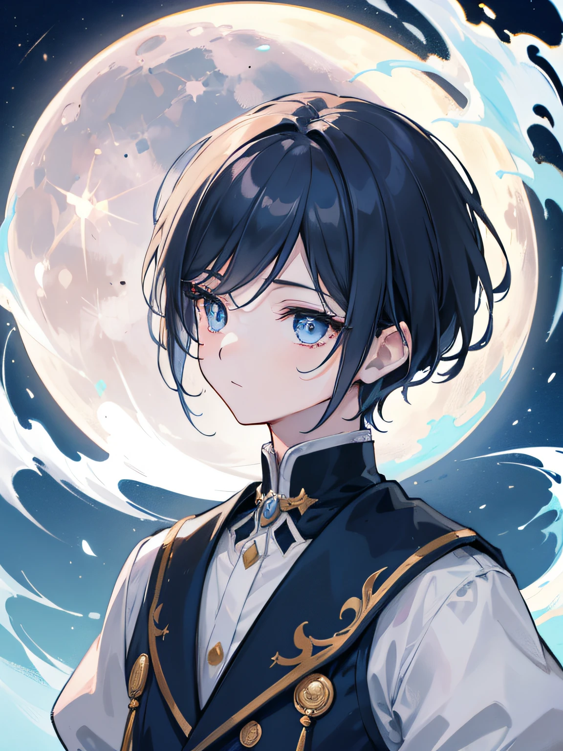 Create an illustration in a detailed drawing style featuring an extreme close-up of a young boy's face. The focus should be on his eyes, where the reflection of the moon can be seen. The boy's eyes should be expressive, conveying a sense of wonder and connection with the celestial world. The moon's soft glow should lend a mystical and enchanting quality to the scene, casting a gentle illumination on the boy's features. The overall illustration should evoke a sense of introspection and captivation as the boy gazes at the moonlit night.
