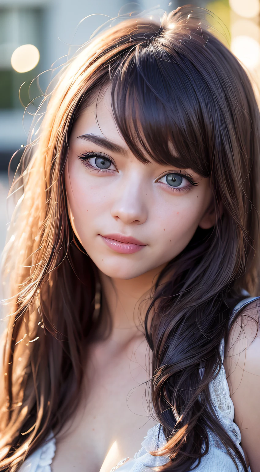 (realistic, photo-realistic:1.37),(8k, RAW photo, best quality, masterpiece:1.2), cute, ultra-detailed,heart-shaped pupils,physically-based rendering, ultra high res, kodakvision color, shot on Arricam LT Camera, bokeh, sharp focus,
looking at viewer,photorealistic,realistic, solo, photorealistic, best quality,extremely detailed face,extremely detailed eyes and face, beautiful detailed eyes,absurdres, incredibly absurdres,haunting smile,Messy hair, floating hair, ,