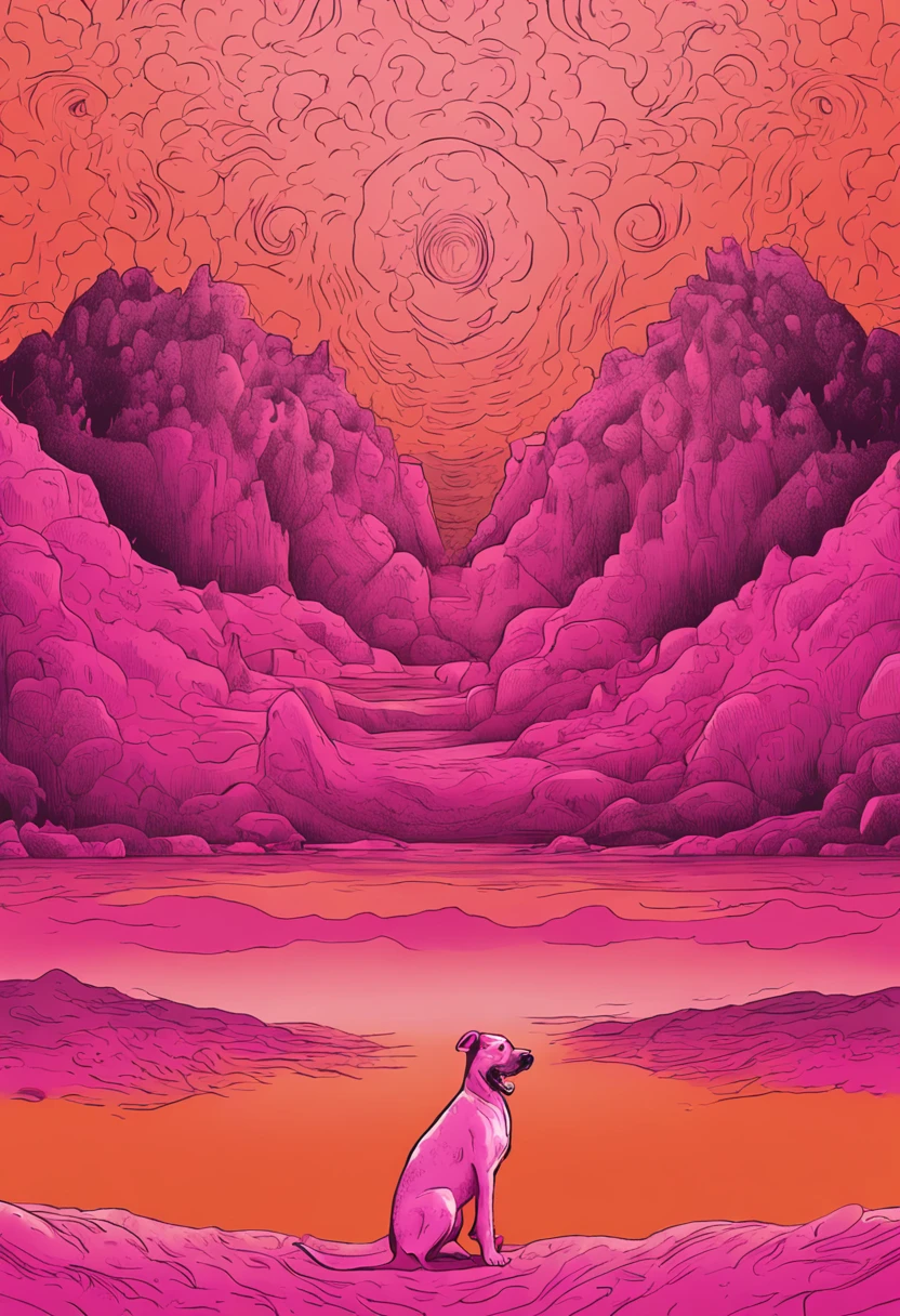Empty space in shades of pink and orange，There's a strange skull floating around, A floating dog, Uma espiral e muitas pedras douradas grandes flutuam