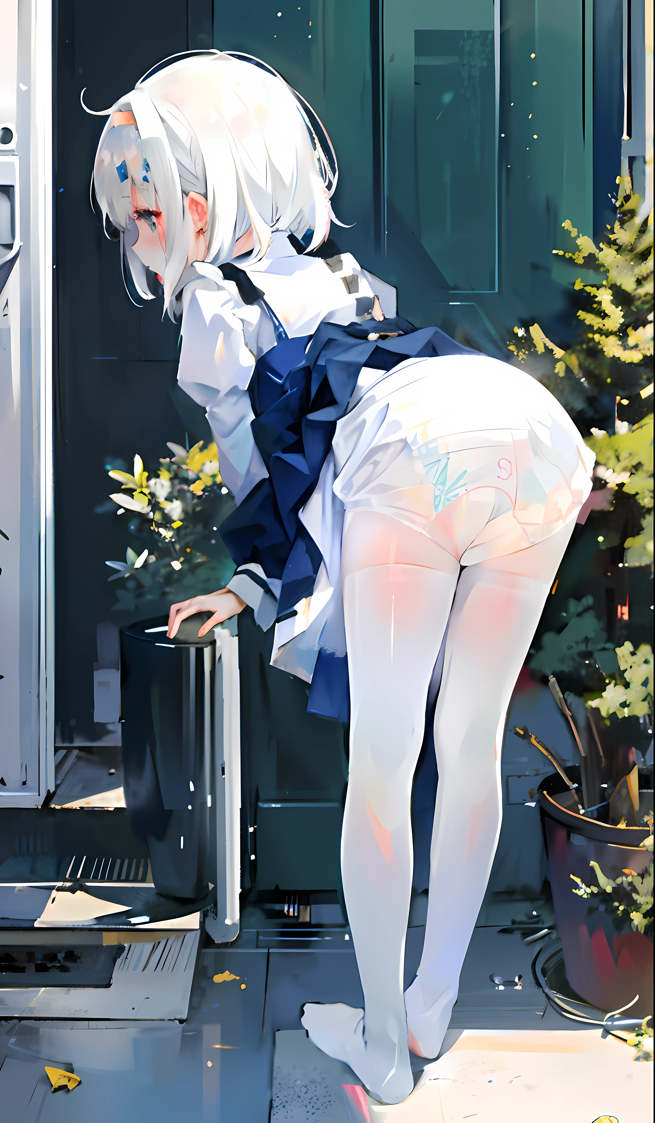 Cute , white hair, back on viewer, Baby clothing, diaper, Wet diapers, liquid,white stockings,Incontinence,Urine runs down the white panty-hose.,White panty hose,weeping,Orgasmic face,leaked pee。