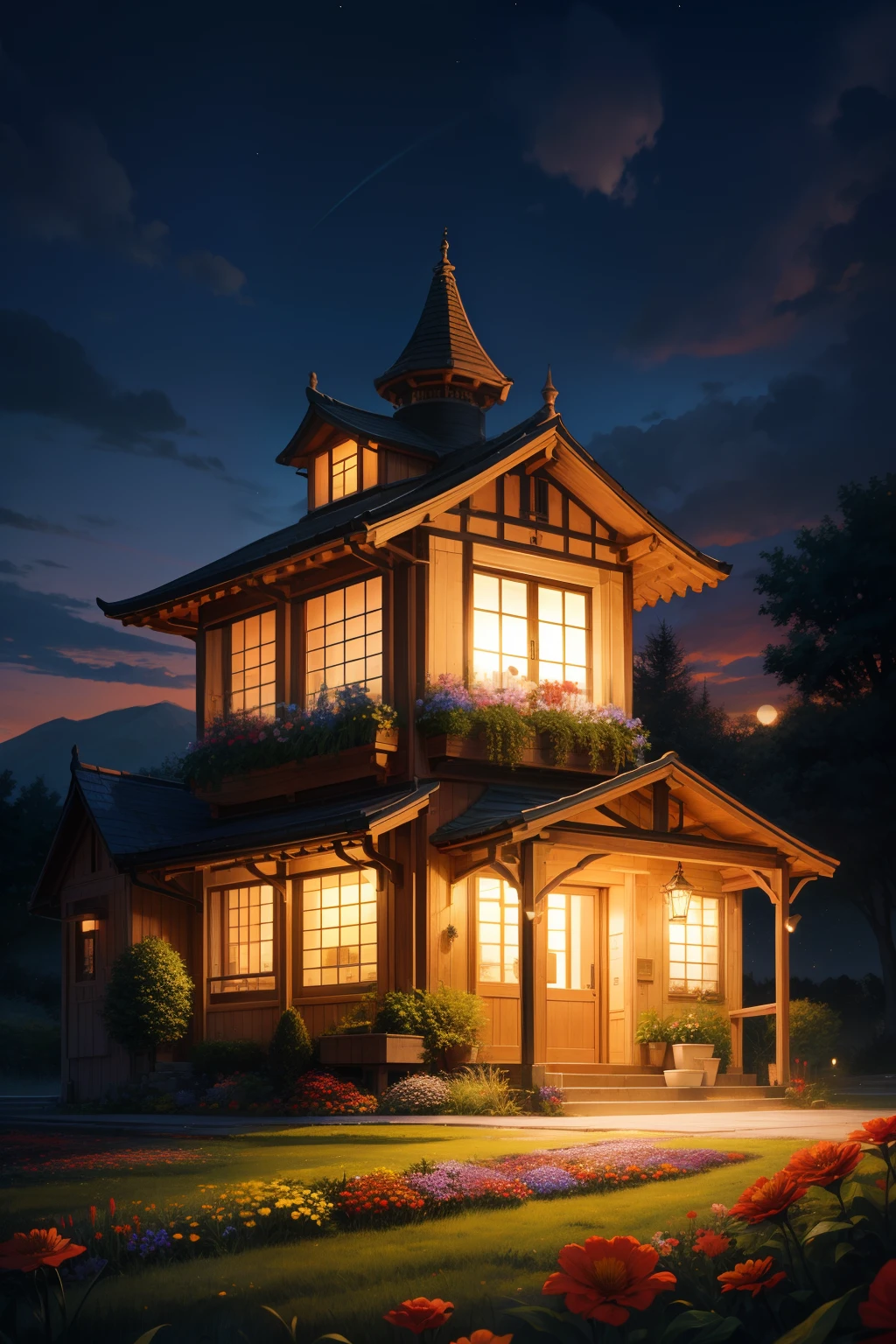 night, illuminated cinematic light, a picturesque flower field, charming small house, scenery art detailed