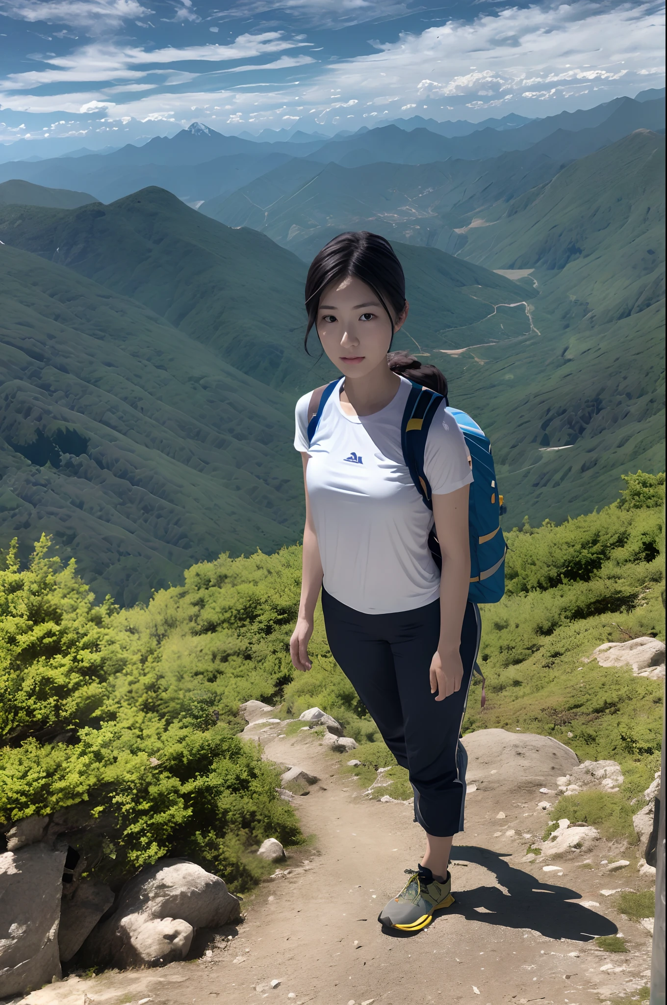 (masterpiece, top quality, 8K wallpaper, high resolution, ultra-realistic), 1girl, solo, full body composition from afar, slender figure: 1.1, Japan person, very delicate and beautiful woman, cute face, beautiful face, beautiful eyes, detailed face, detailed face, detailed eyes, detailed nose, detailed mouth, short hair, black eyes, carrying a big backpack, backpacker, mountaineer, view from the top of the mountain, detailed hands, detailed feet, detailed fingers , Mountain jacket on outerwear, T-shirt, trekking pants, trekking, hiking, wearing trekking shoes, outdoor, small breasts, natural landscape photo;mountain climbing;spectacular summer mountain scenery with rugged mountain range in the distance, wonderful contrast of blue sky and white clouds. Camera = "Sony a7 IV";Lens="Tamron 28-200mm f/2.8-5.6 Di III RXD";" Aperture = f/6.3";" Shutter speed = 1/1600 sec";" ISO=100";