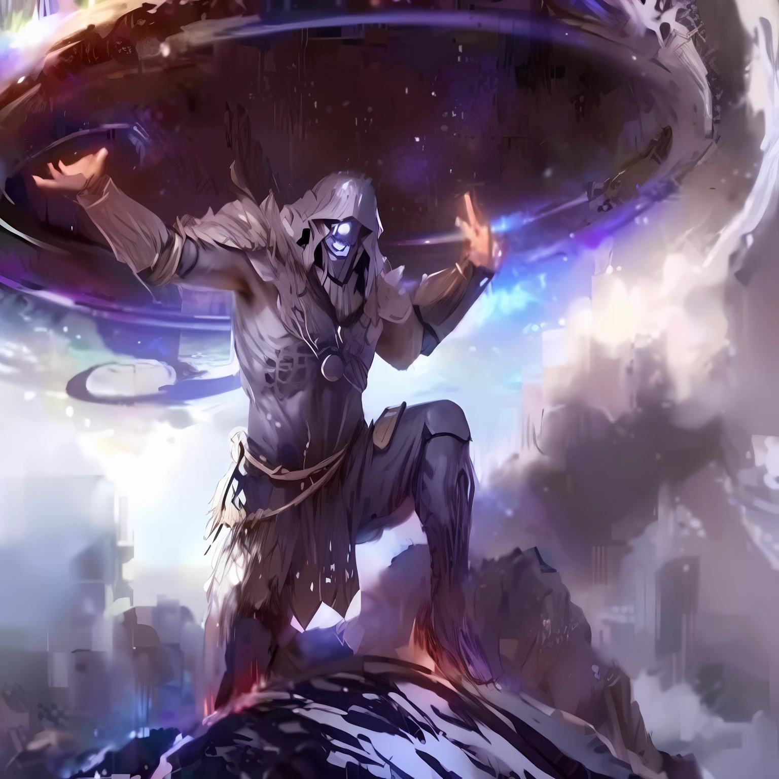 A closeup of a person on a rock with a large object in the sky, Um enorme deus gigante celestial, a shaman holding up the universe, god of time and space, Dagoth seu, Imperador do universo conhecido, O Destruidor de Mundos, velho deus, Furioso Deus Zeus, Darkseid, Conhecido como Voryn Dagoth em vida