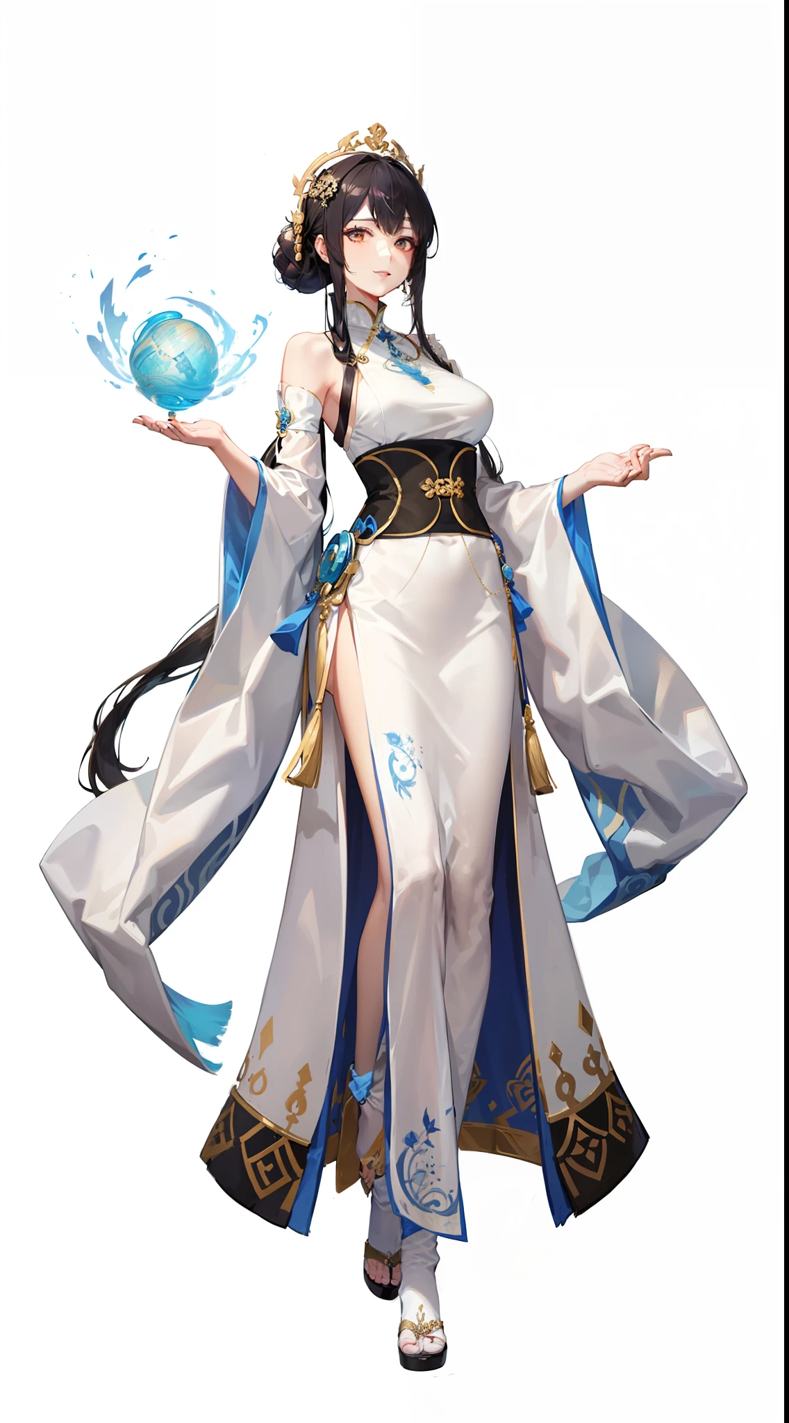 Ancient Hanfu，Dunhuang long dress，Dunhuang style，Fly Dunhuang，Wide robe with large sleeves，faeries，Step shake，Hairpins，Whole body diagram，head to toe，Bunched hair，crown of head，Hanfu，heroic look，Cold and glamorous，Indifferent eyes，Extremely beautiful，Handsome，Mature woman，Noble temperament，beautiful and seductive，Peerless beauty，Fine，perfect bodies，hair adornments，long whitr hair，Absolutely beautiful，Black belly，Smile，the detail，Perfect details，Detail portrayal