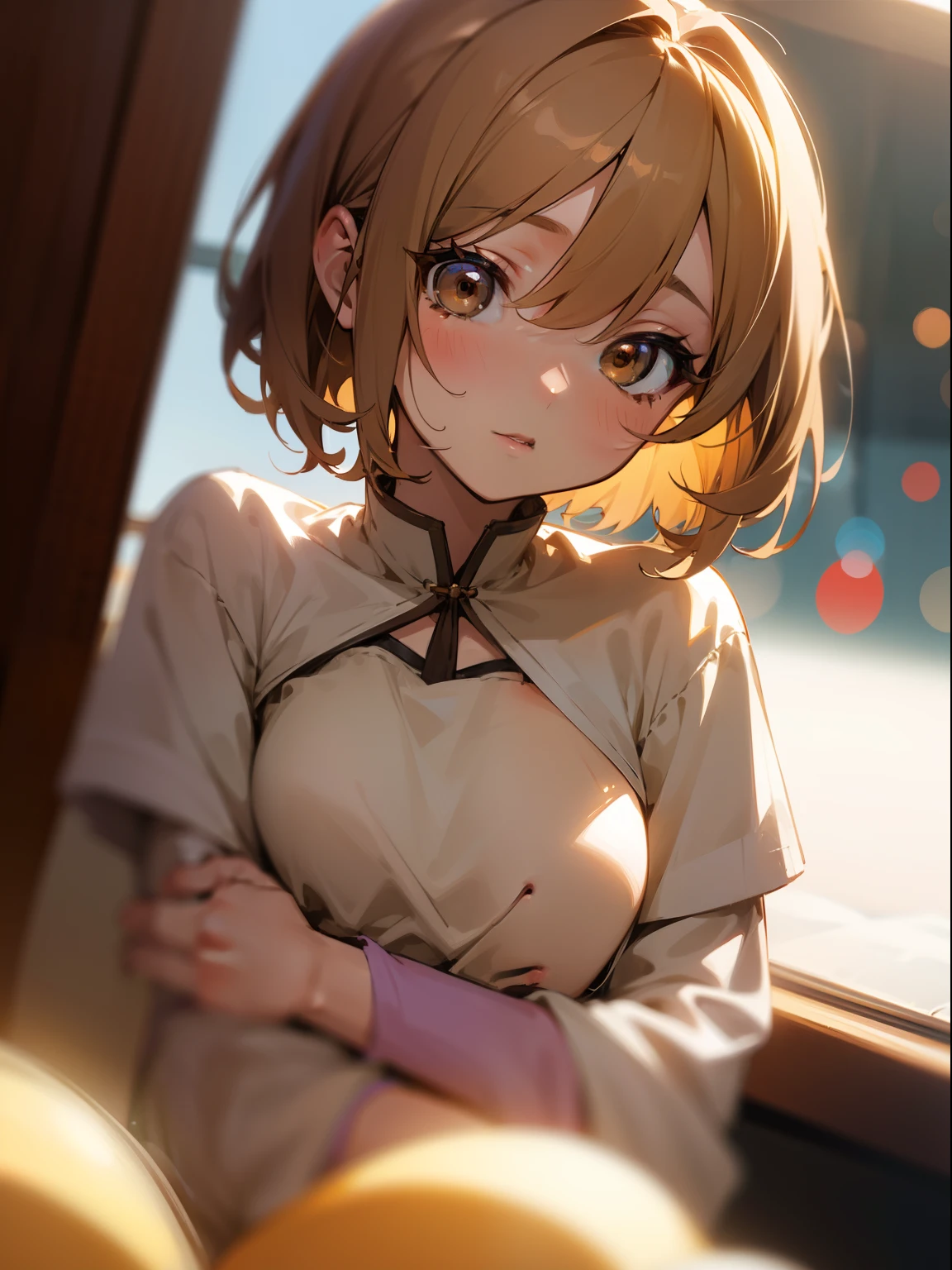 Bokeh, 4K, masterpiece, detailed eyes, perfect skin, flawless anime girl, short hair, dark blonde hair, brown eyes, cute, feminine, warm colours, loli, theatre