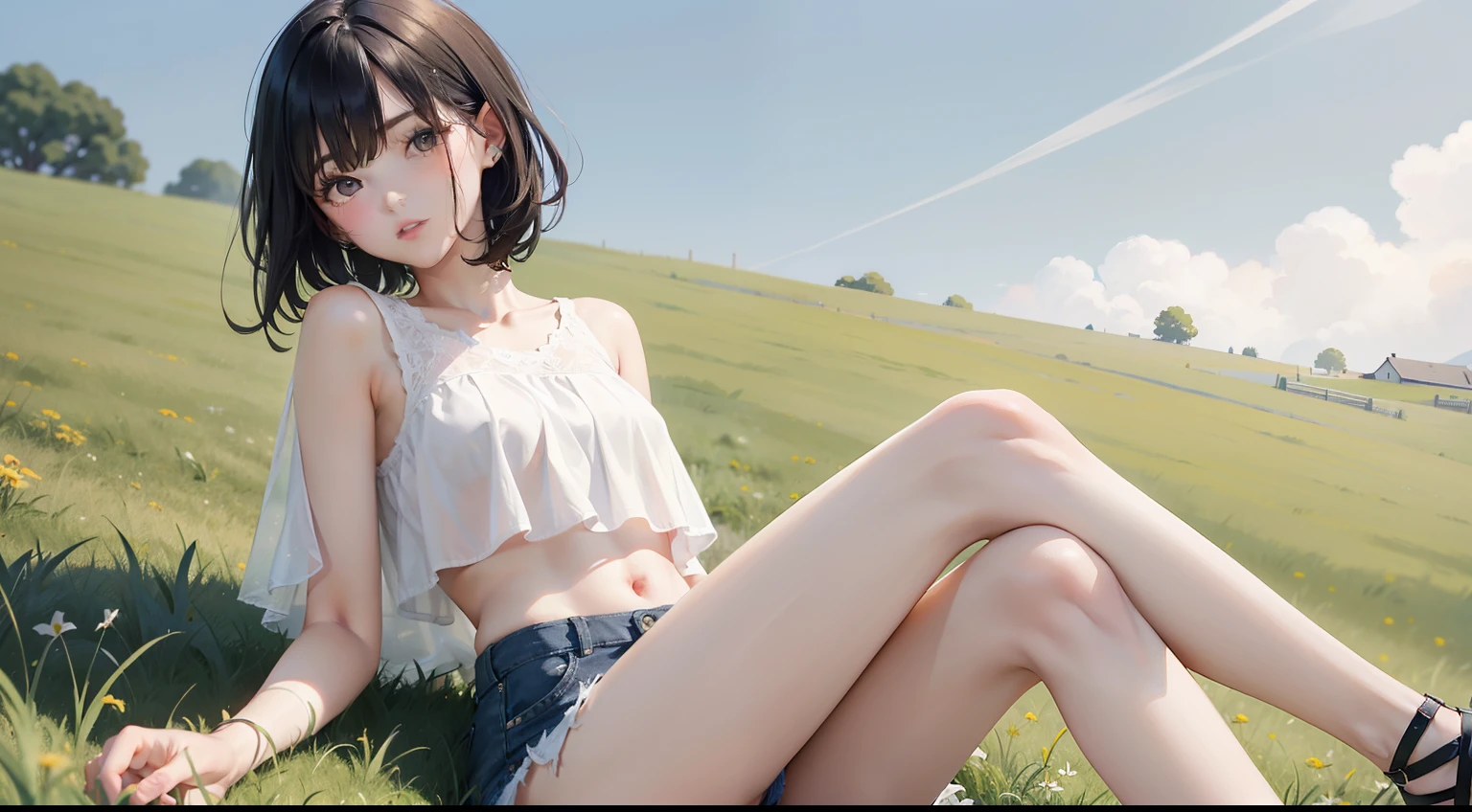 tmasterpiece,best qualtiy,1 girlirl,Short flowing black hair,Camelier top,White and delicate skin,Crop topping,Ultra shorts,legs crossed,grassy fields