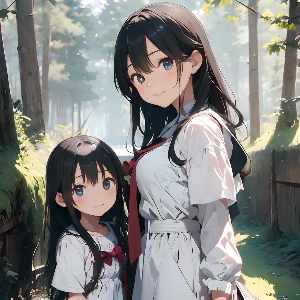 best qualtiy,tmasterpiece,超A high resolution,perfect anatomia,(fidelity:1.4),RAW photogr,ssmile,2girls,25-year-old woman and 8--old l,Women and little Mother and daughter,Gorgeous mother and loli daughter,In the forest,cowboy shot,cinmatic lighting,Parent and child of fashion model,adolable,, (NSFW:1.2)