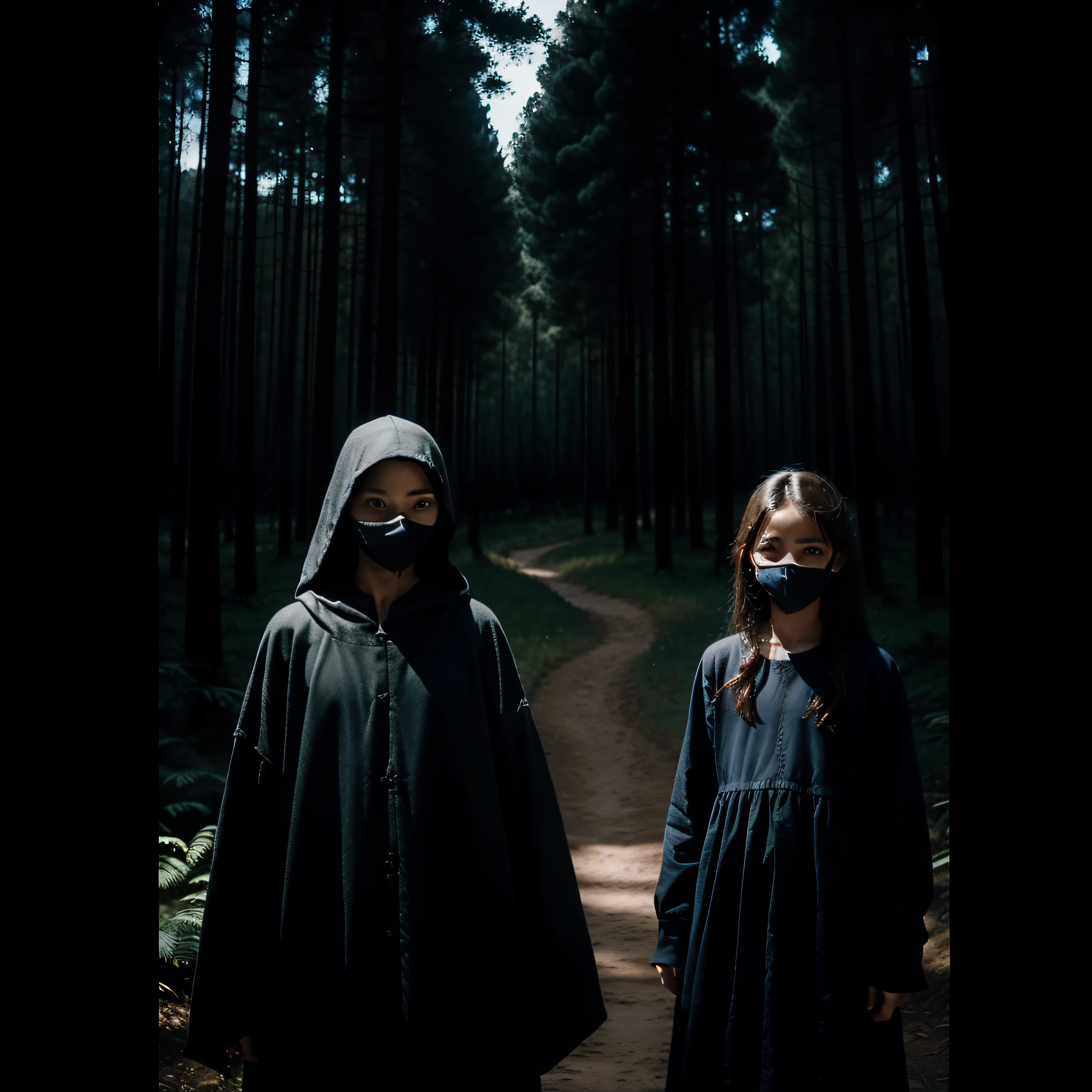 (extremadamente detallado, obra maestra, La mejor calidad, foto antigua, principios de siglo) dark kids with masks, una linterna directa lo ilumina, bosque de noche. plano cercano. sangre por el suelo.