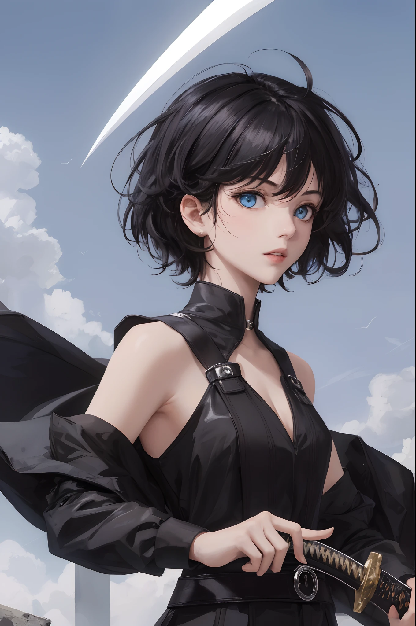 1 girl,short black hair,short black dress,blue eyes,sword,night background