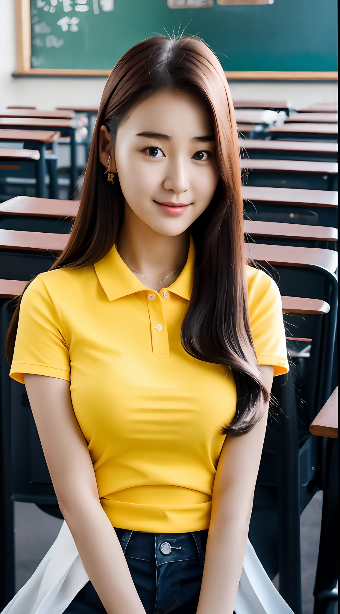 arafed asian woman sitting in a classroom with a blackboard, jaeyeon nam, korean girl, gorgeous young korean woman, student, beautiful young korean woman, beautiful south korean woman, jiyun chae, cute korean actress, lee ji-eun, lee ji - eun, heonhwa choe, korean woman, hwang se - on