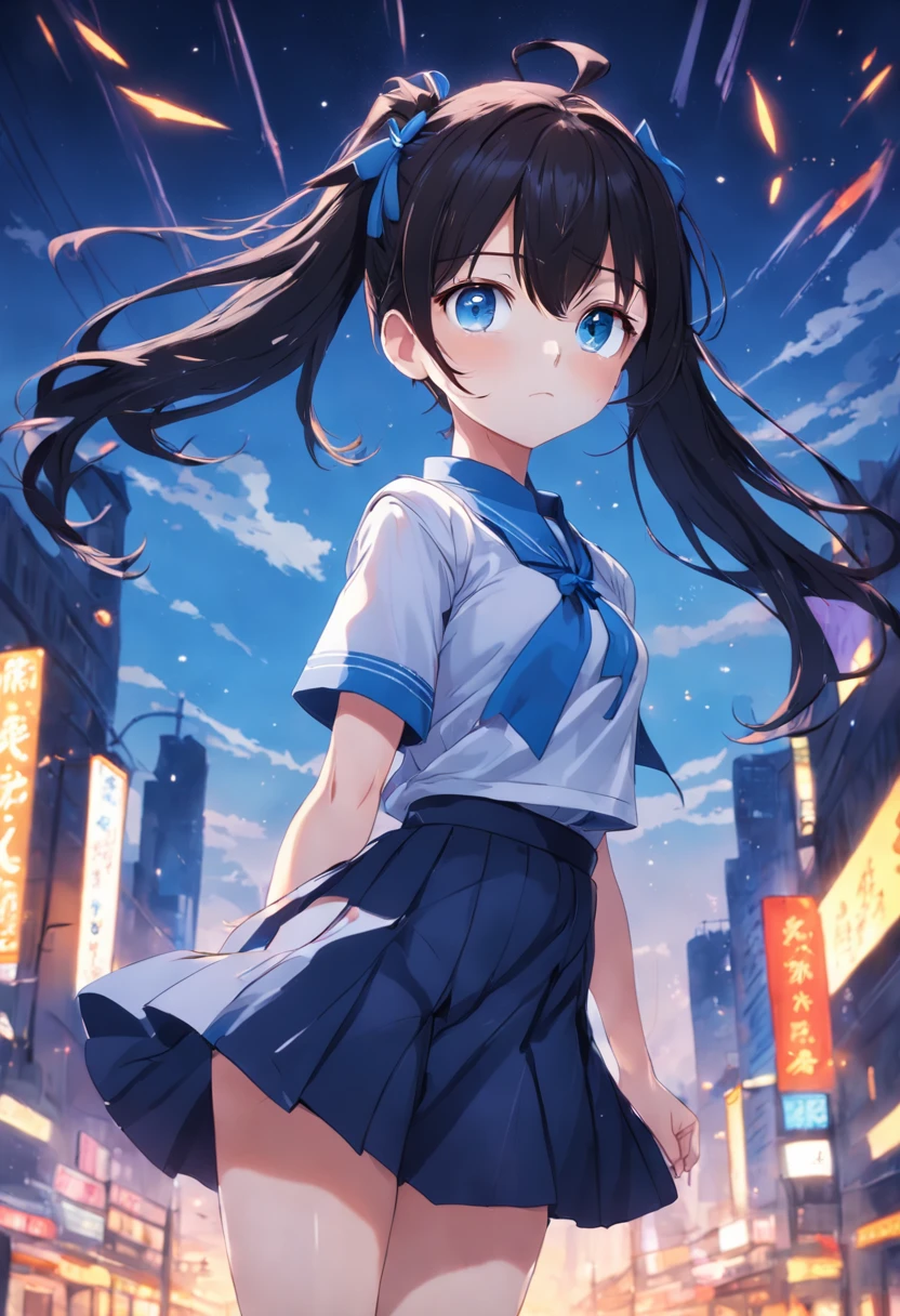 Jitome,One girl、A dark-haired、cute little、polo shirts、poneyTail、blue eyess、masterpiece、top-quality、Top image quality