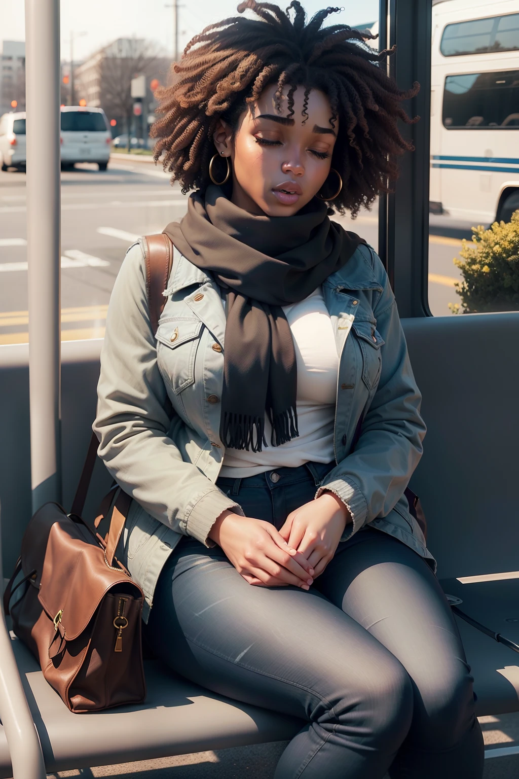 1 beautiful woman, adult, large body, short hair, brown hair, afro hair, outlined eyelids, made-up eyelids, made-up face, gray jean jacket, scarf, black jeans, black bag, brown boots, sleeping sitting on the bus, mouth open , Closed eyes.