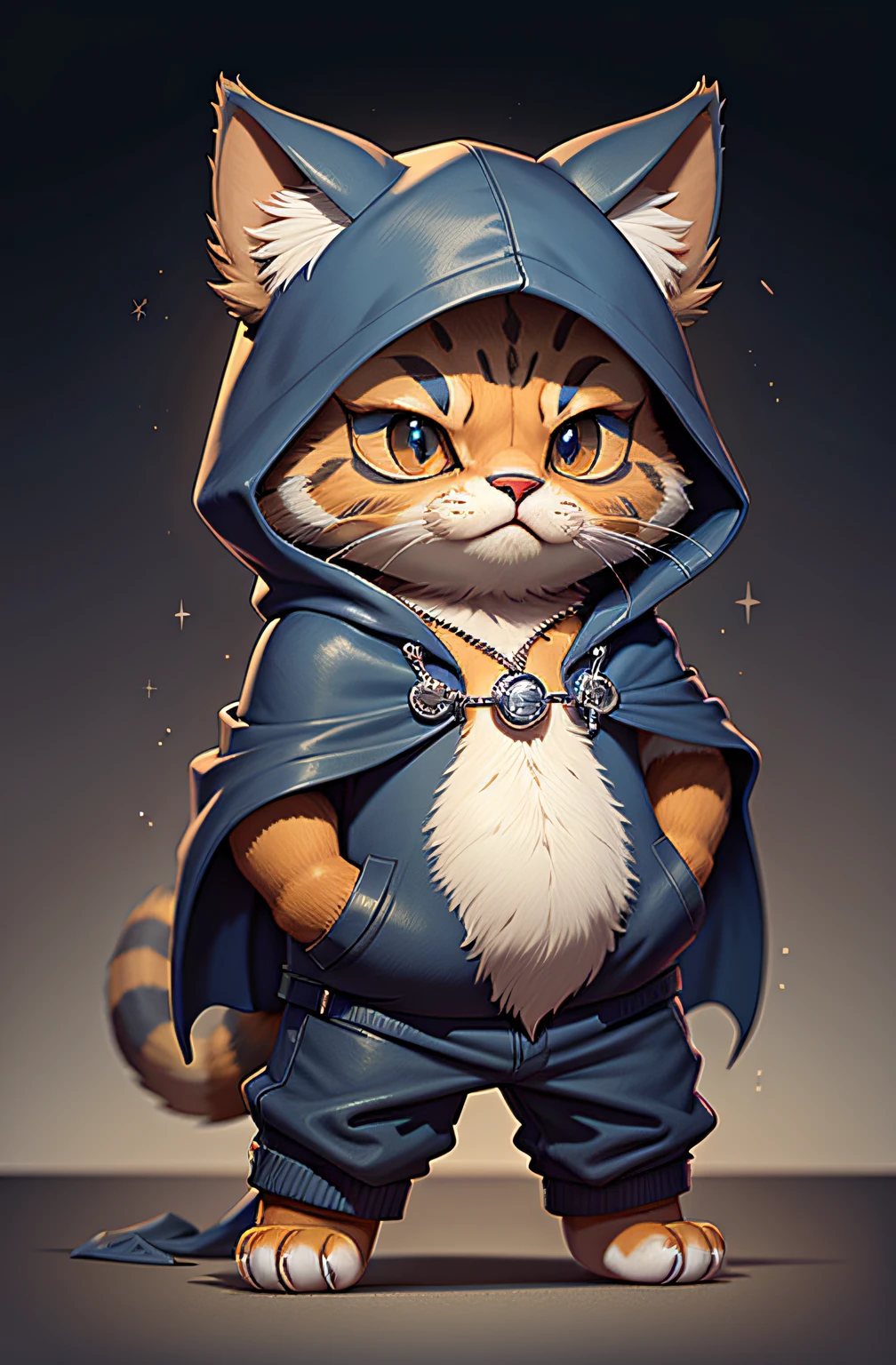 Bipedal creatures like cats, Navy blue cape and hood,golden trim, Stretch out your paws, Float like magic, Masterpiece, Best quality