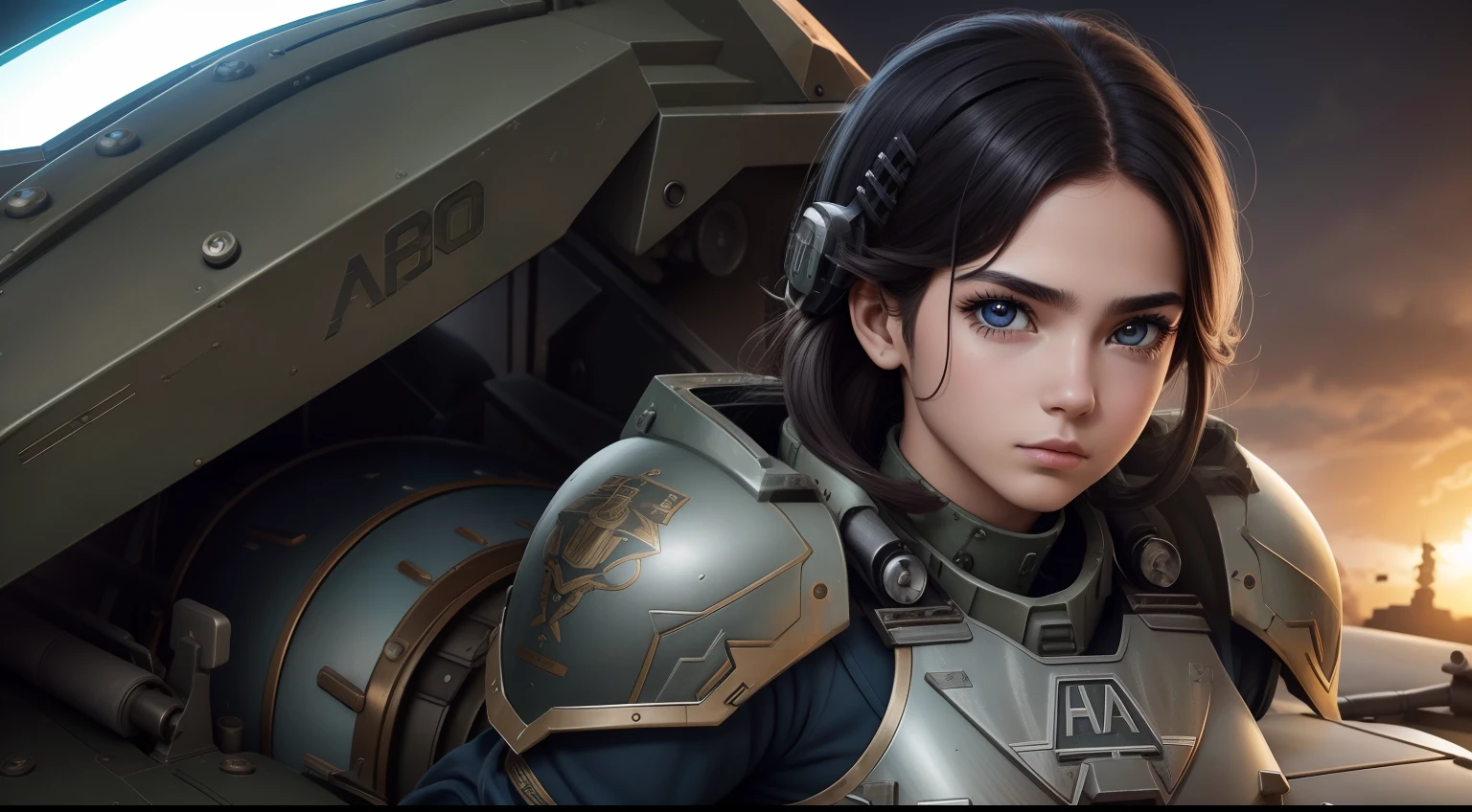 arte conceitual digital de alta qualidade, Mechanized Valkyrie Boy, ao lado do tanque de guerra blindado digital, menina soldado mecanizado, perfect facial features, double eyelids, long eyelashes, textura clara da pele, Poros e abdominais, olhos brilhantes.