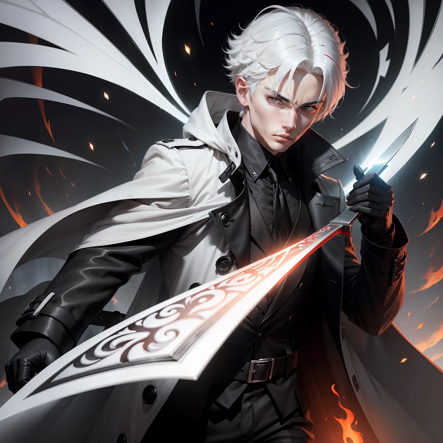 A white-haired but handsome teenager，He wears a black trench coat with a white accent，Hold a long knife in your right hand，Cover your left eye with your left hand，The iris of the right eye appears red，Black wings in the shape of flames spread out behind the back