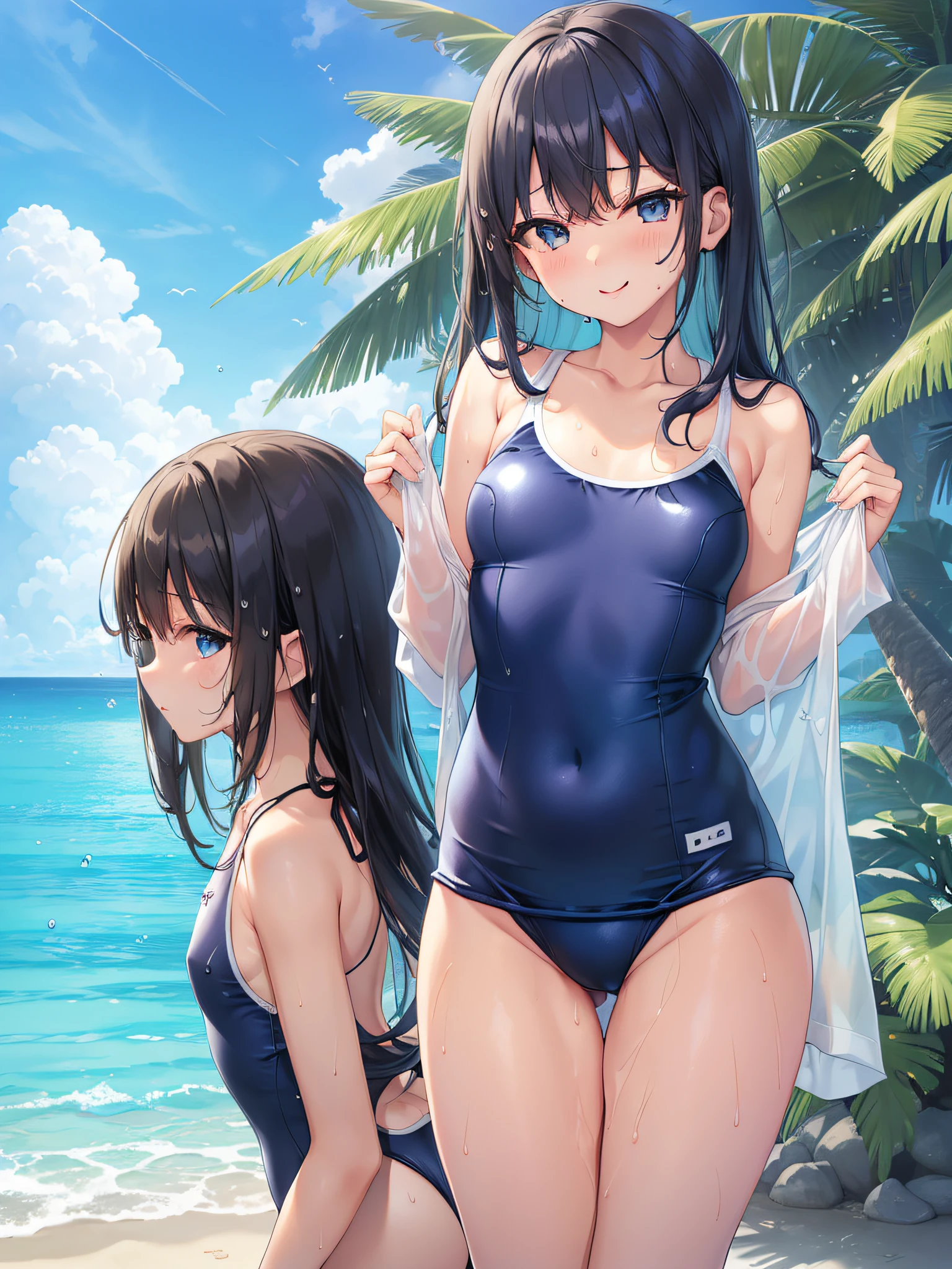 masterpiece、top-quality、Ultra-fine beauty、((((Simple Blue School Swimsuit))))、((((小柄、girl with)))、Side low tail hair、full bodyesbian、Wet、thins、hydrophobicity、Water repellent、Benevolent smile、 Cover under the chest、Small cleavage slightly visible、protruding nipple、flat chest、Fishing eyes、Tight swimsuit、A swimsuit that sticks snugly to the skin、extremely wet、Very sweaty、Pour water on viewers, from side behind