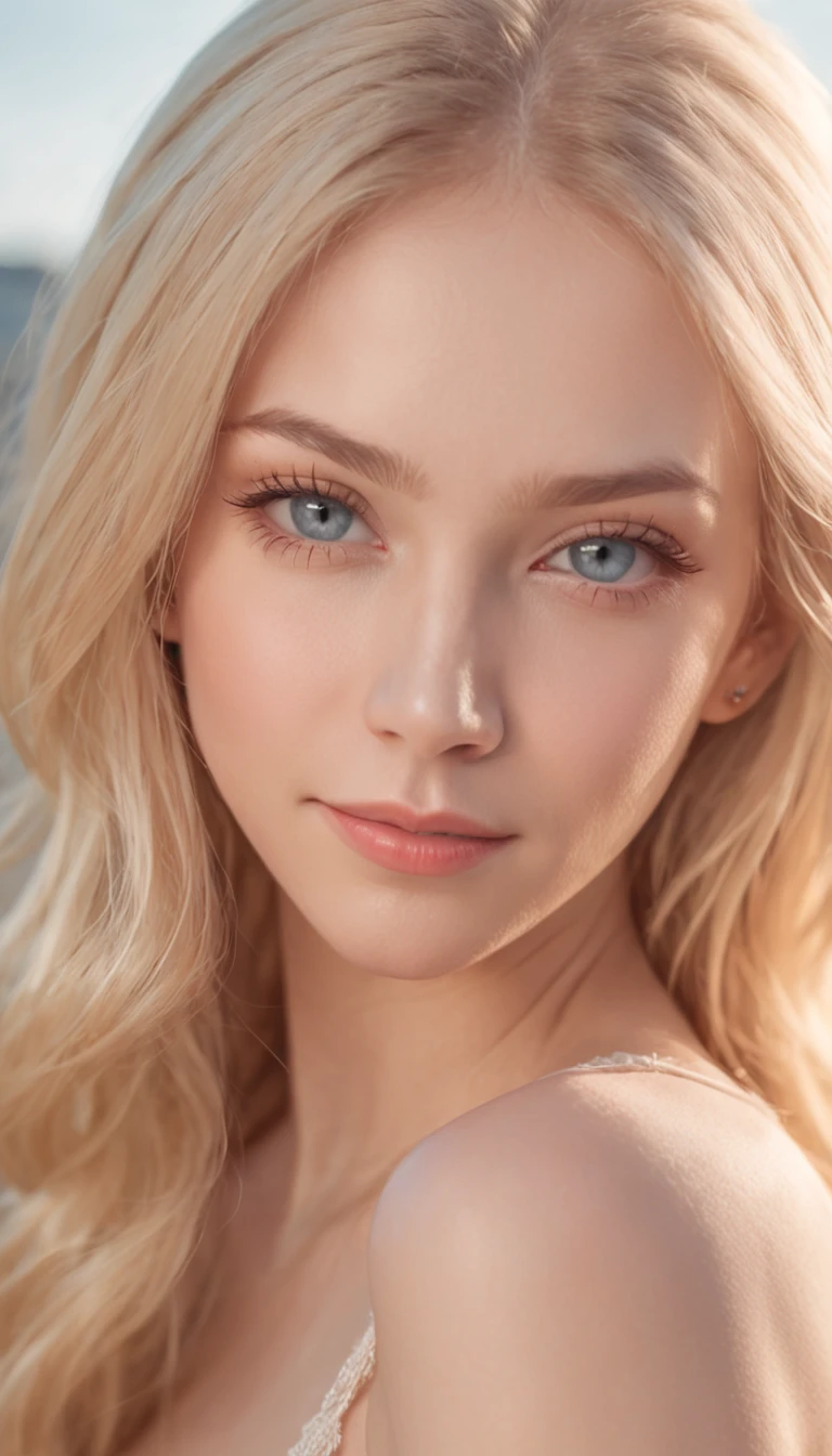 (((Russian girl in full growth, dressless, gorgeous light blonde hair, Cute humble smile))), (((evening lighting))), (((Sexy, A seductive angle))), ((( A highly detailed, Perfect eyes, realisti))) , island, Palma, blue skies, (( vector art )) , 32k --no ((NSFW, Cute))