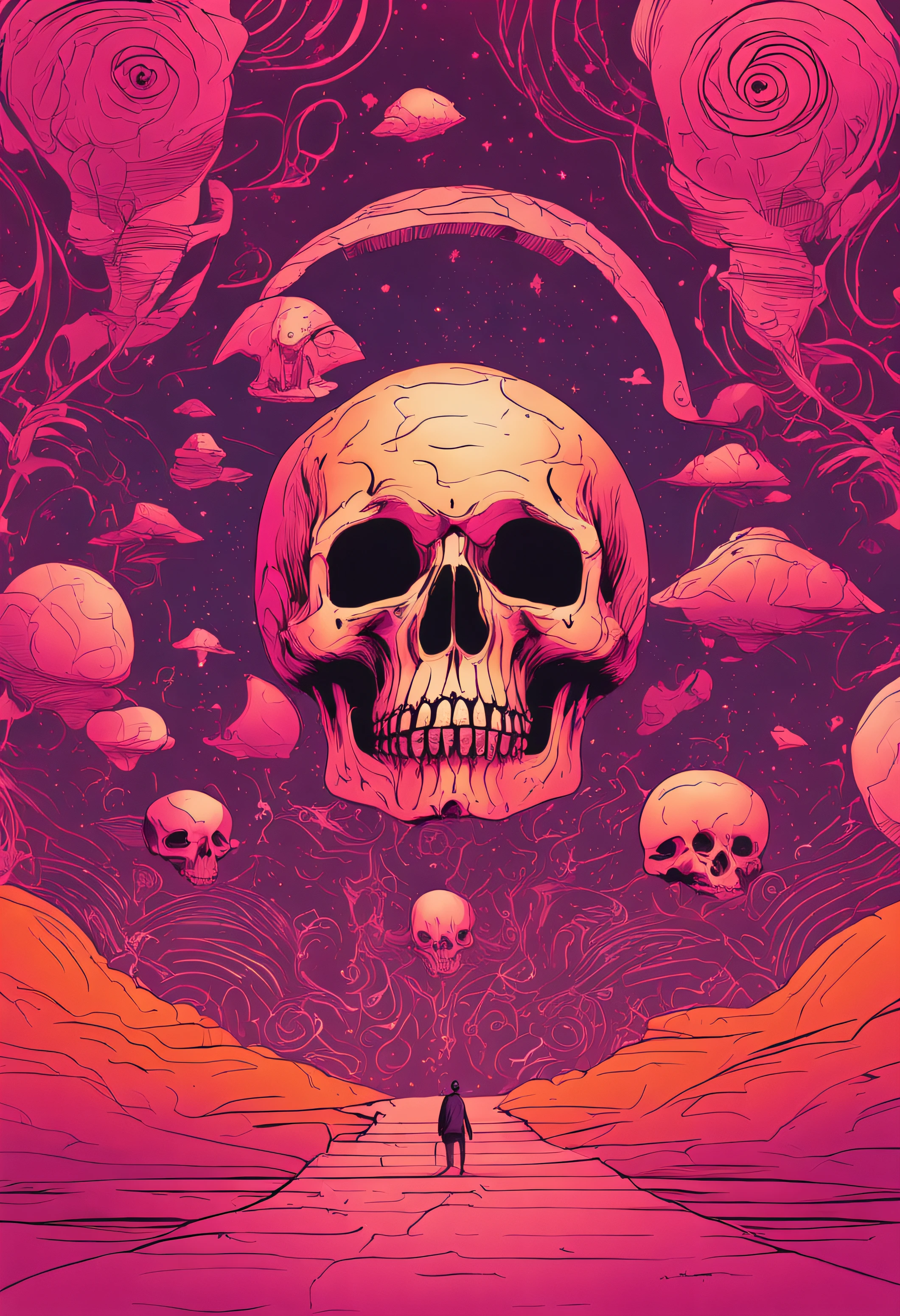 Empty space in shades of pink and orange,There's a strange skull floating around, A floating dog, Uma espiral e muitas pedras douradas grandes flutuam