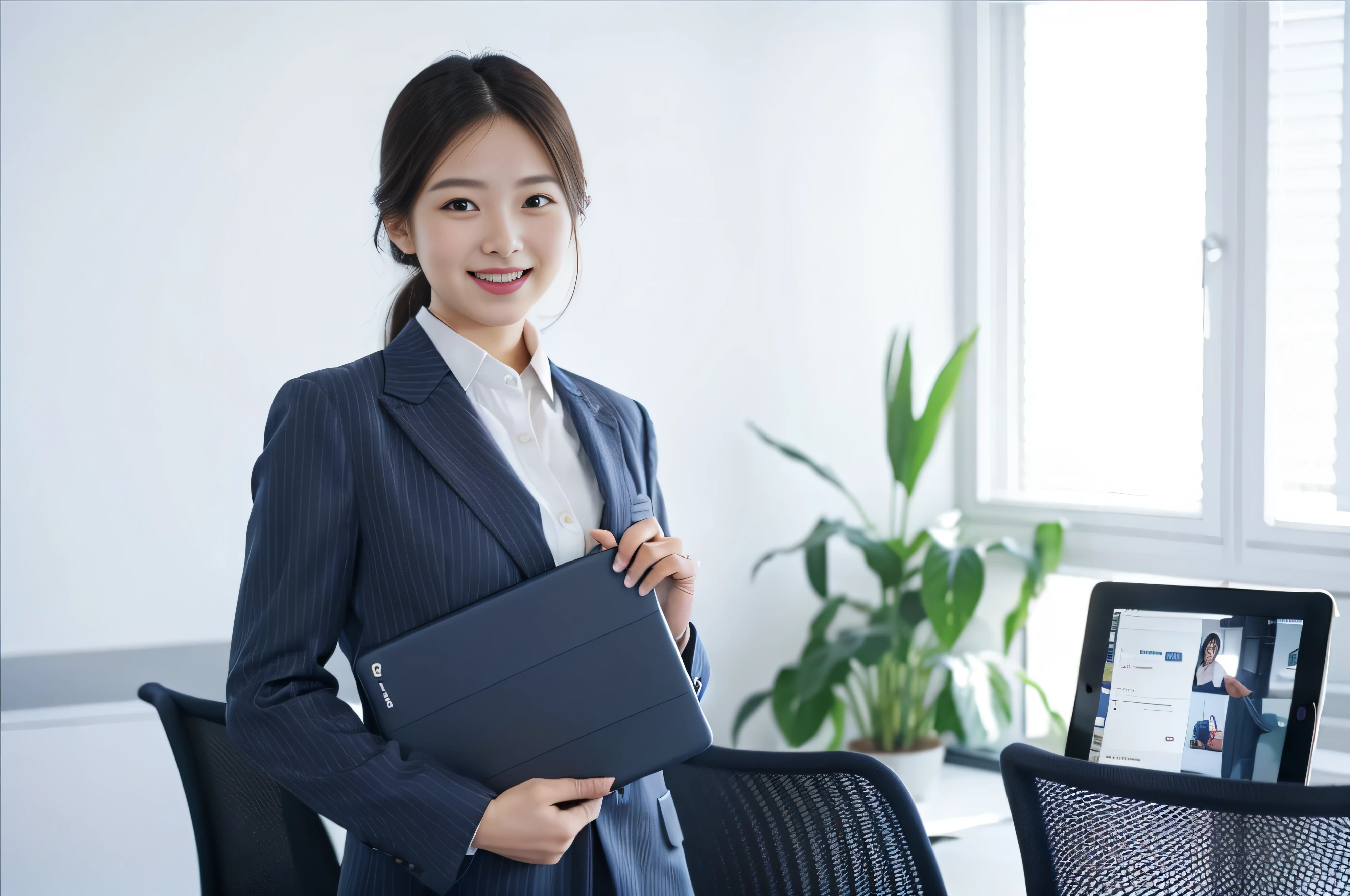 Beautiful Women smiling、Have an iPad、Looking at the camera、Navy blue suit、White shirt、in the office room