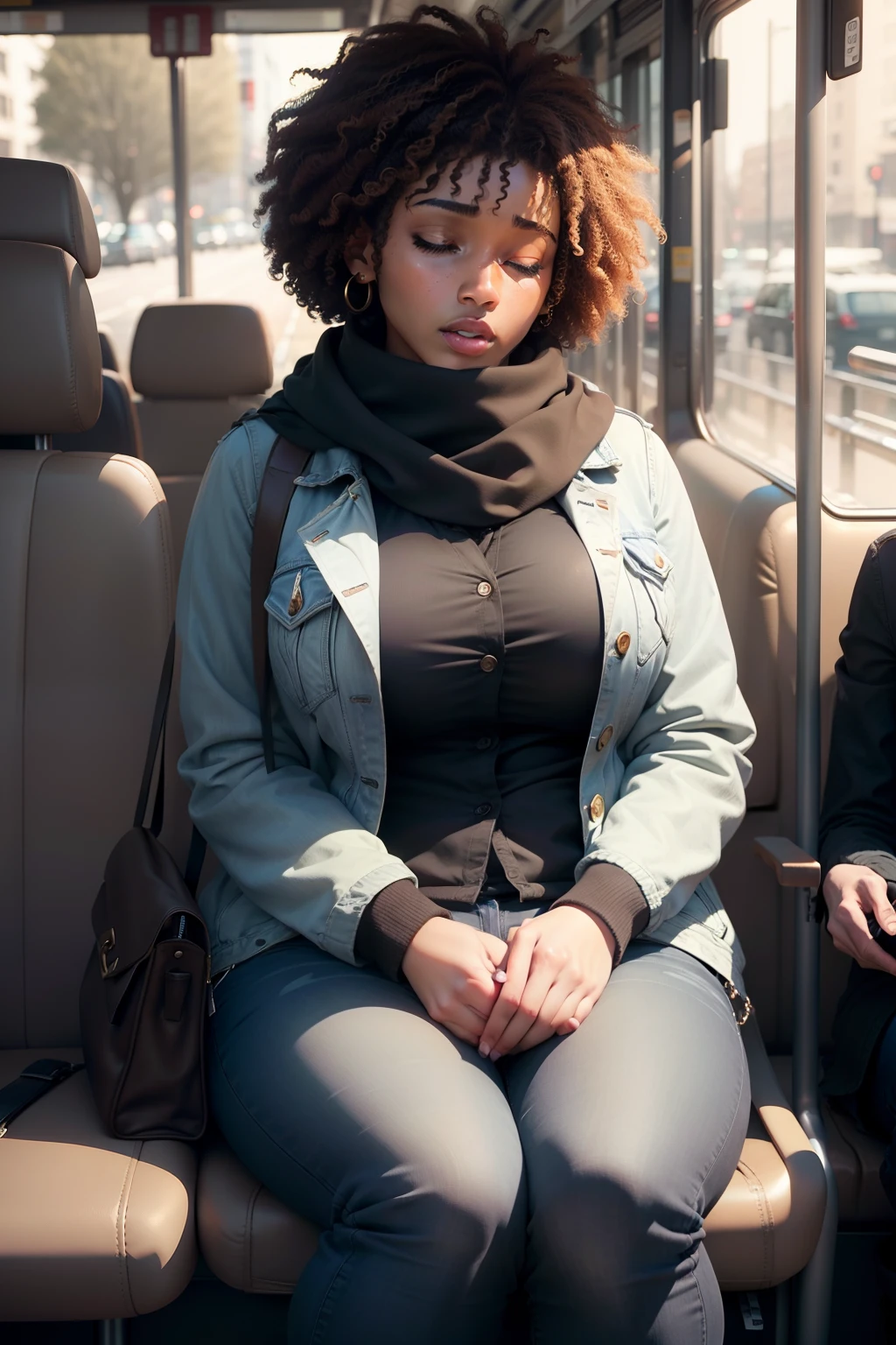 1 beautiful woman, adult, large body, short hair, brown hair, afro hair, outlined eyelids, made-up eyelids, made-up face, gray jean jacket, scarf, black jeans, black bag, brown boots, sleeping sitting on the bus, mouth open , Closed eyes.