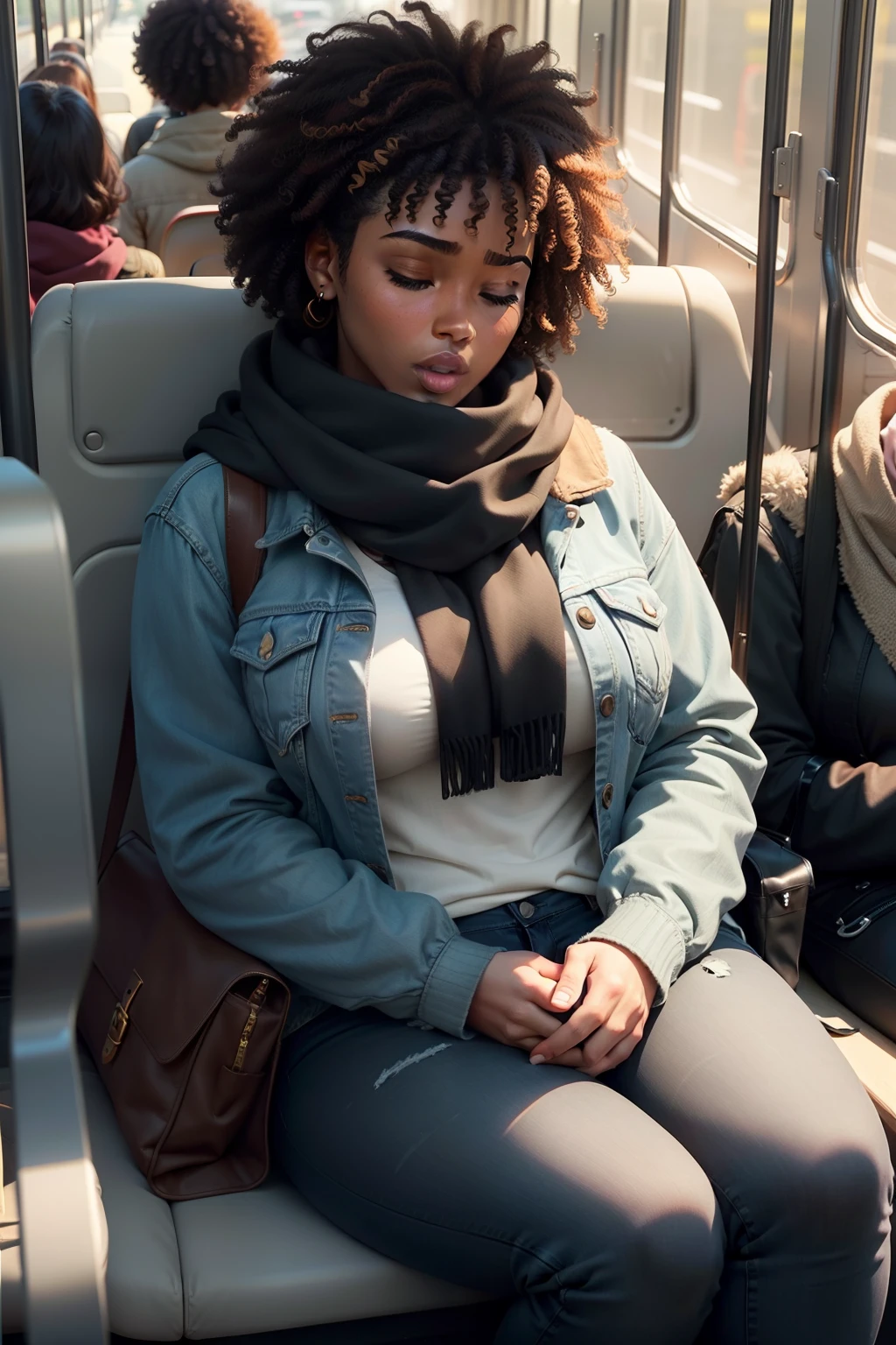 1 beautiful woman, adult, large body, short hair, brown hair, afro hair, outlined eyelids, made-up eyelids, made-up face, gray jean jacket, scarf, black jeans, black bag, brown boots, sleeping sitting on the bus, mouth open , Closed eyes.