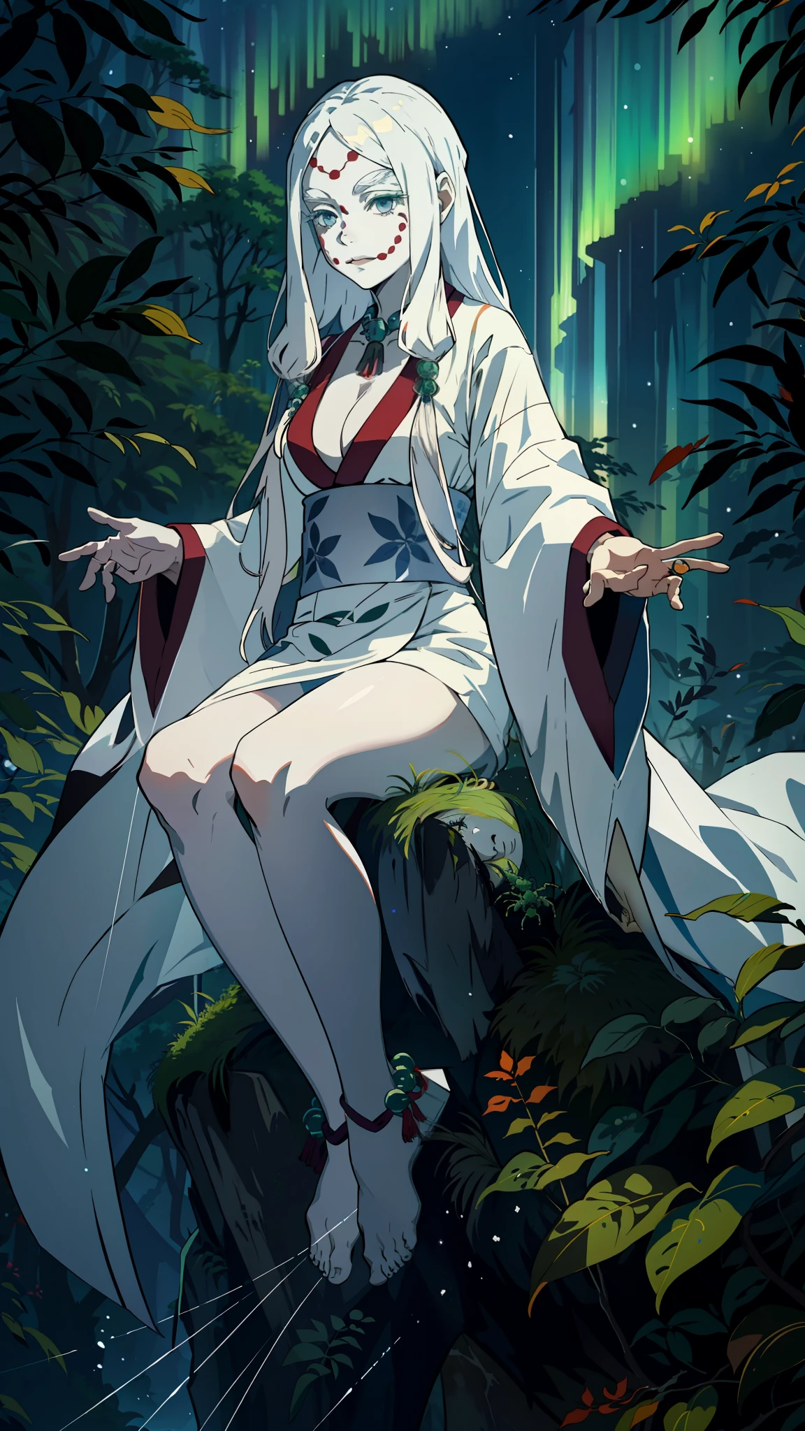 masterpiece, best quality, MTSpiderV4, 1girl, solo, white skin, long hair, breasts, beads, japanese clothes, ((white kimono)), silk, stone, forest, aurora borealis, spider web,