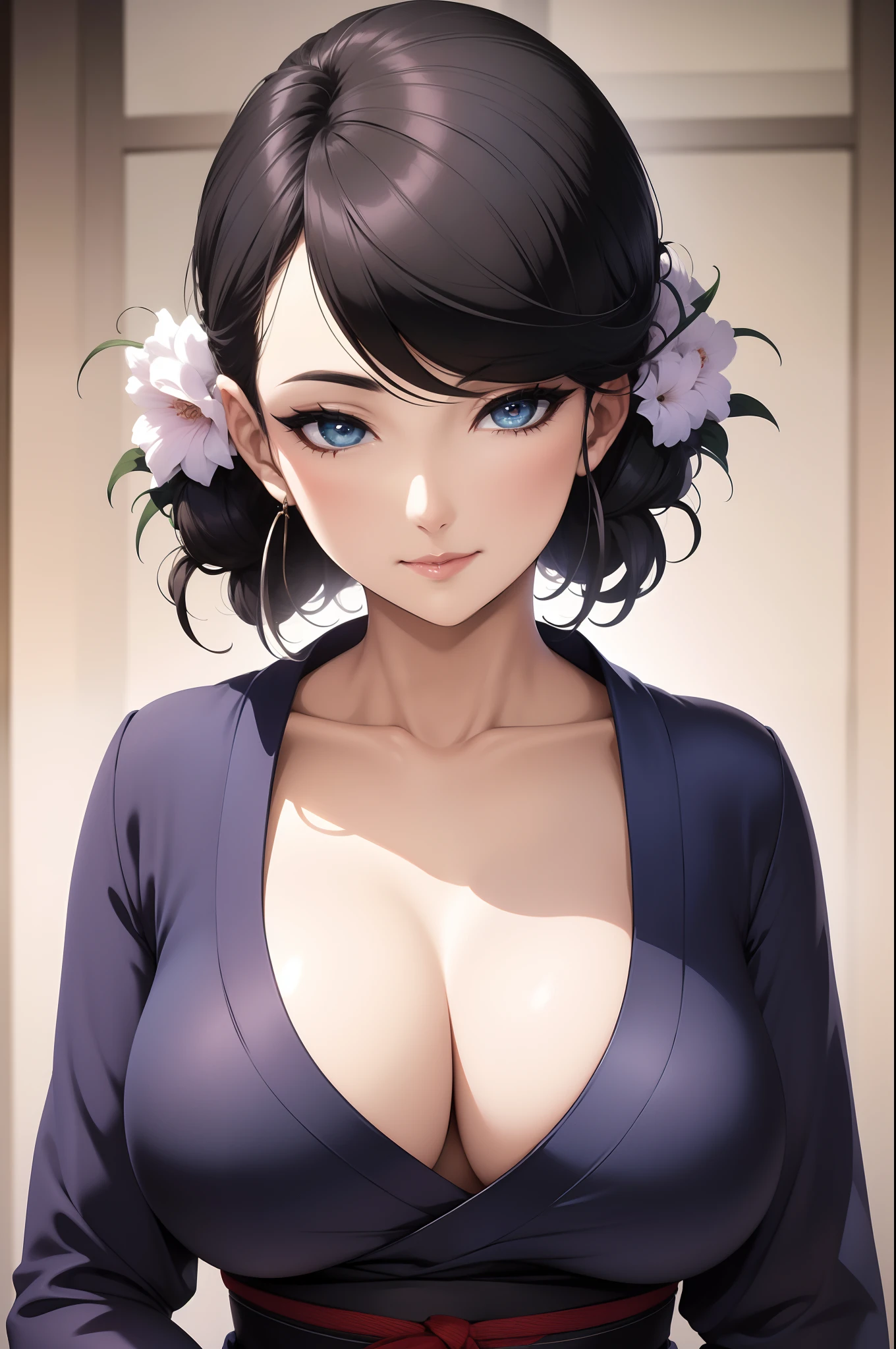 1womanl,Dark blue clothes,tmasterpiece,Close-up shot,looks into camera,Be red in the face,ssmile, detailed finger, beautiful hand, 1womanl, brunette color hair: 1.1, Super detailed face, Detailed lips, Detailed eyes, 二重まぶた,full body1:1,little breast,Dark clothes,komono