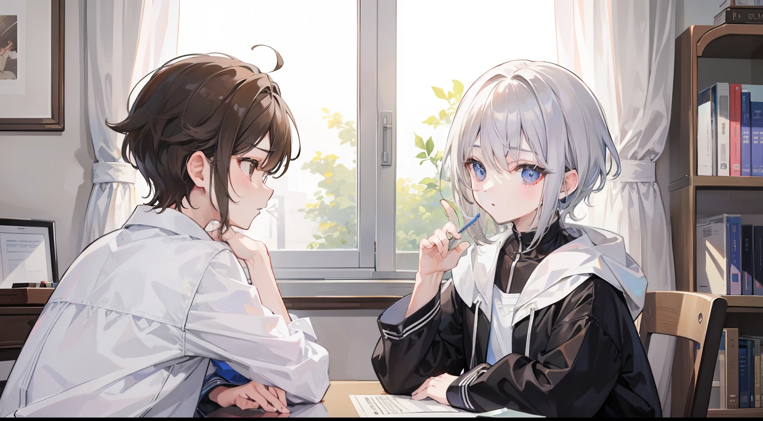 Two Boys, Silver-haired boy and brown-haired boy, Boy's room、Studying、Boys Love、hight resolution、ultra-detailliert