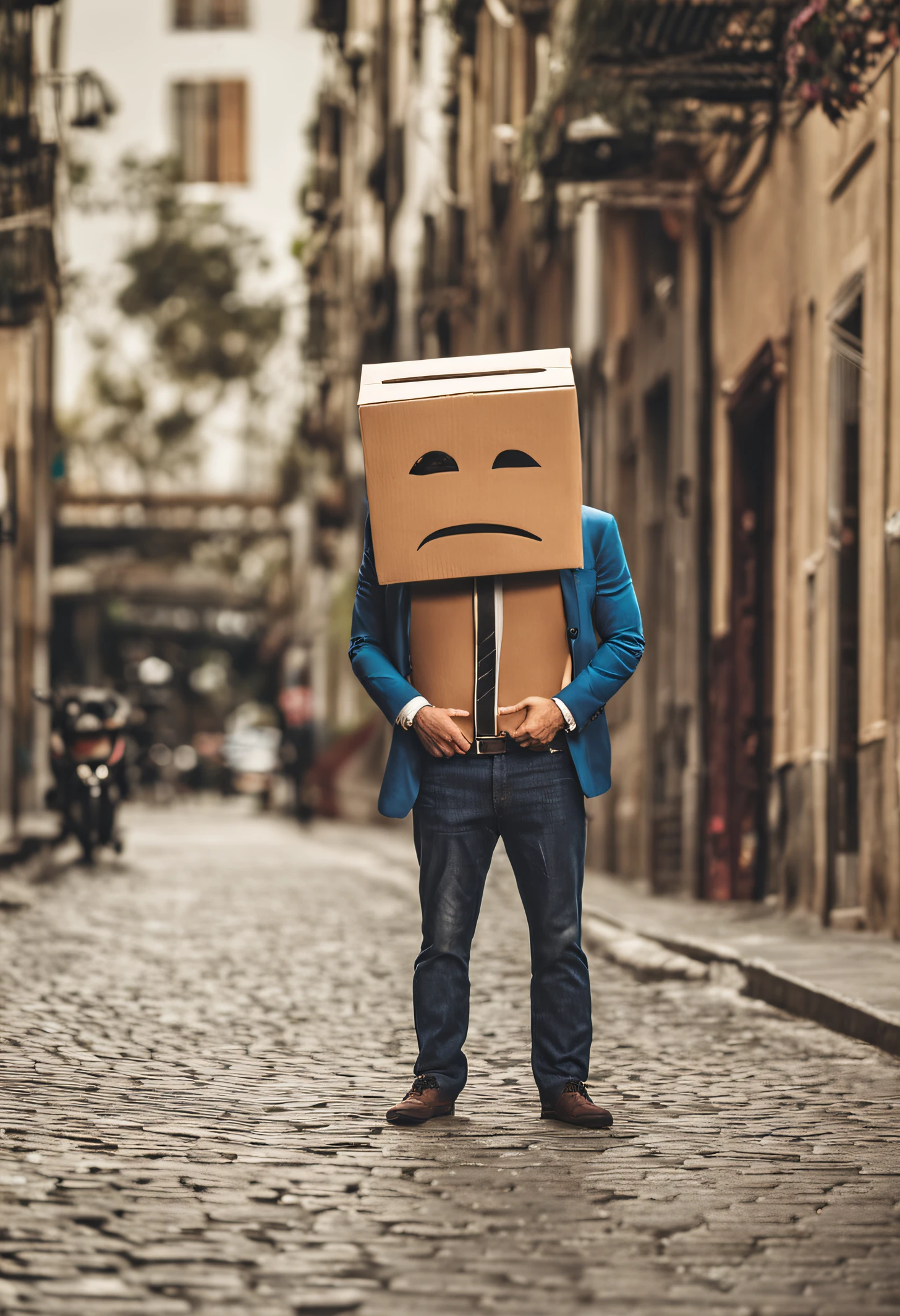 Man with a cardboard box on his head standing on a sidewalk, someone lost job, pessoa mascarada no canto, Pessoas sem rosto, rosto obscurecido, man standing, com o rosto coberto, cardboard, Hiding behind a brick wall, Foto de Stock, the futility of overexertion, Escondendo, Hiding behind obstacles, vestindo um terno plug, UMA mulher parada a frente sorrindo e acenando para o homem