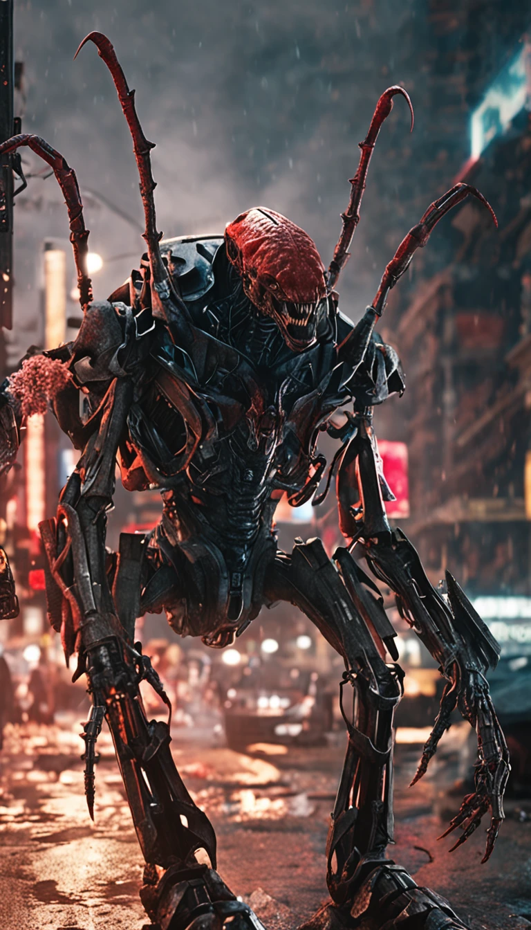 Cinematic image effects，Invading alien xenomorphs，Invasive lobsters，Huge pliers，uncanny，blood vess，，Murderous，Full body like，combats，The city was destroyed，of a real，Facial features are carefully depicted，Realistic skin texture，Dark style，depth of fields，high light，Real light，Ray traching，oc rendered，Hyper-realistic，best qualtiy，8K，Works of masters，super-fine，Detailed pubic hair，Correct anatomy，sharp focus on eyes，Bokeh，Facial features are carefully depicted