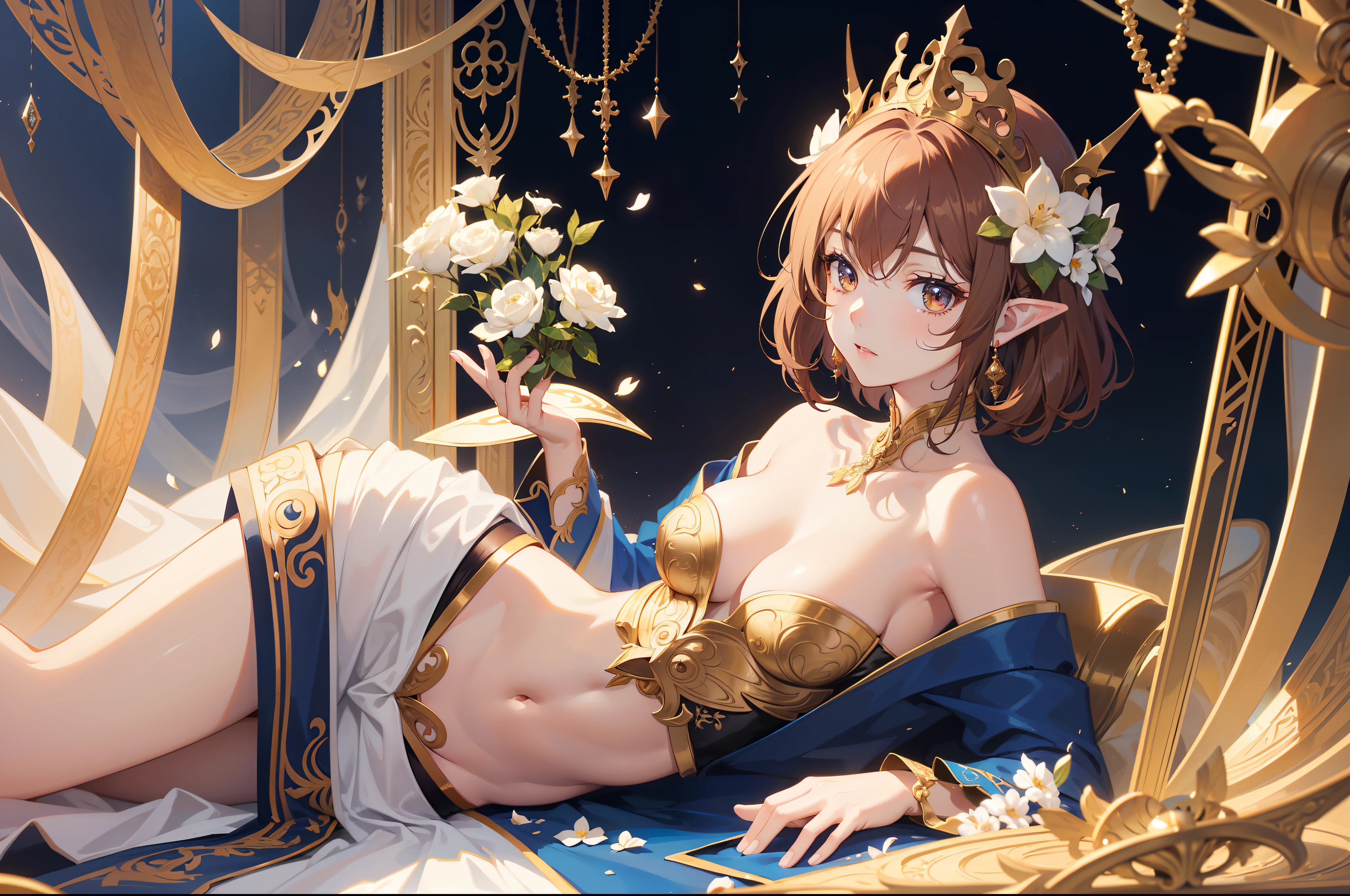 Official Art, Masterpiece European female face,elvish, short hair, chestnutbrown hair , brown eyes , Flower Frame ,Decorative panel , jugendstil , (masterpiece、top-quality、hight resolution: 1.4),in 8K,color splashes、line-drawing、Fibonacci、Drawing of a woman with short chestnutbrown hair and a crown, Anime Art Nouveau, Detailed Digital Anime Art, portrait knights of zodiac girl, highly detailed exquisite fanart, anime fantasy illustration, clean detailed anime art, detailed anime art, Sharp Focus, (Beautiful gorgeous cute woman:1.3), (Beautiful cute woman:1.3), Delicate Beautiful Hair and Eyes and Face, realisitic, ultra-detailliert, a beauty girl,A slender, Pretty breasts and buttocks、Dynamic hair、Detailed cestnut brown hair