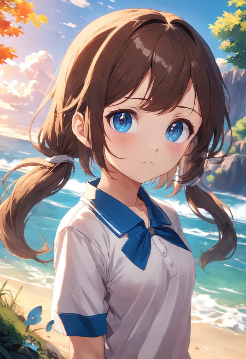 jitome,One girl,brunette color hair,Cute Baby Turtle,Polo shirt,poneyTail,eBlue eyes,tmasterpiece,top-quality,Top image quality