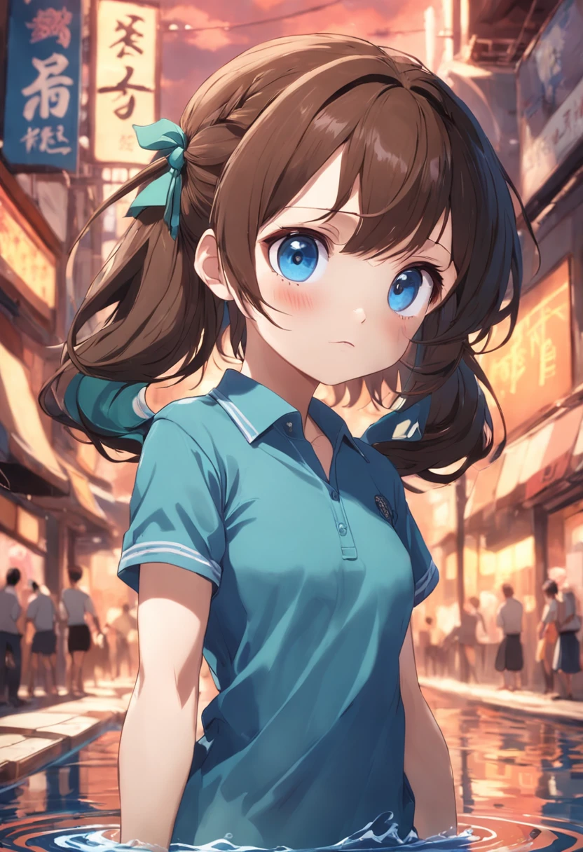 jitome,One girl,brunette color hair,Cute Baby Turtle,Polo shirt,poneyTail,eBlue eyes,tmasterpiece,top-quality,Top image quality