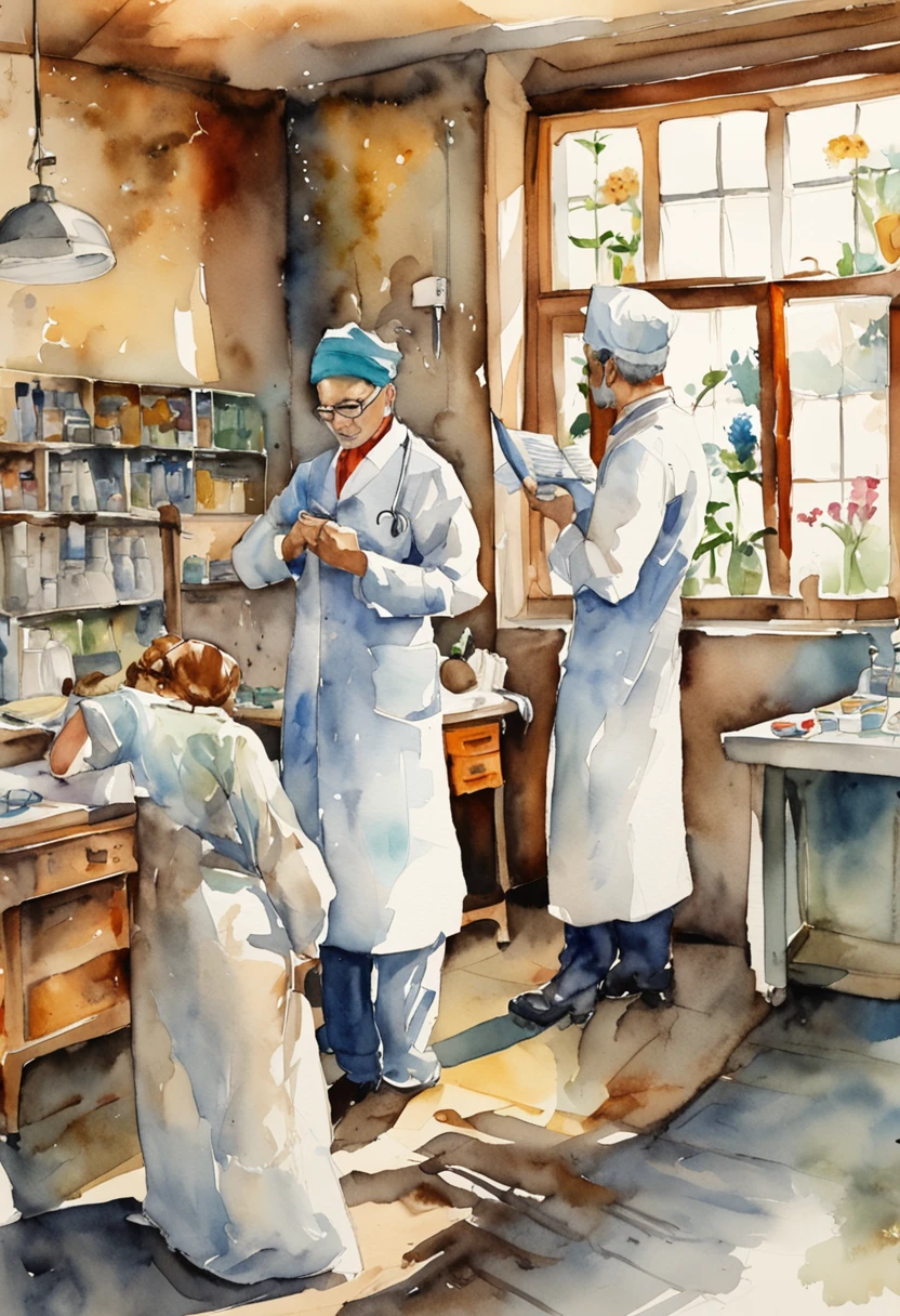 The doctor stands next to the operating table,The doctor is accompanied by many nurses,They look busy