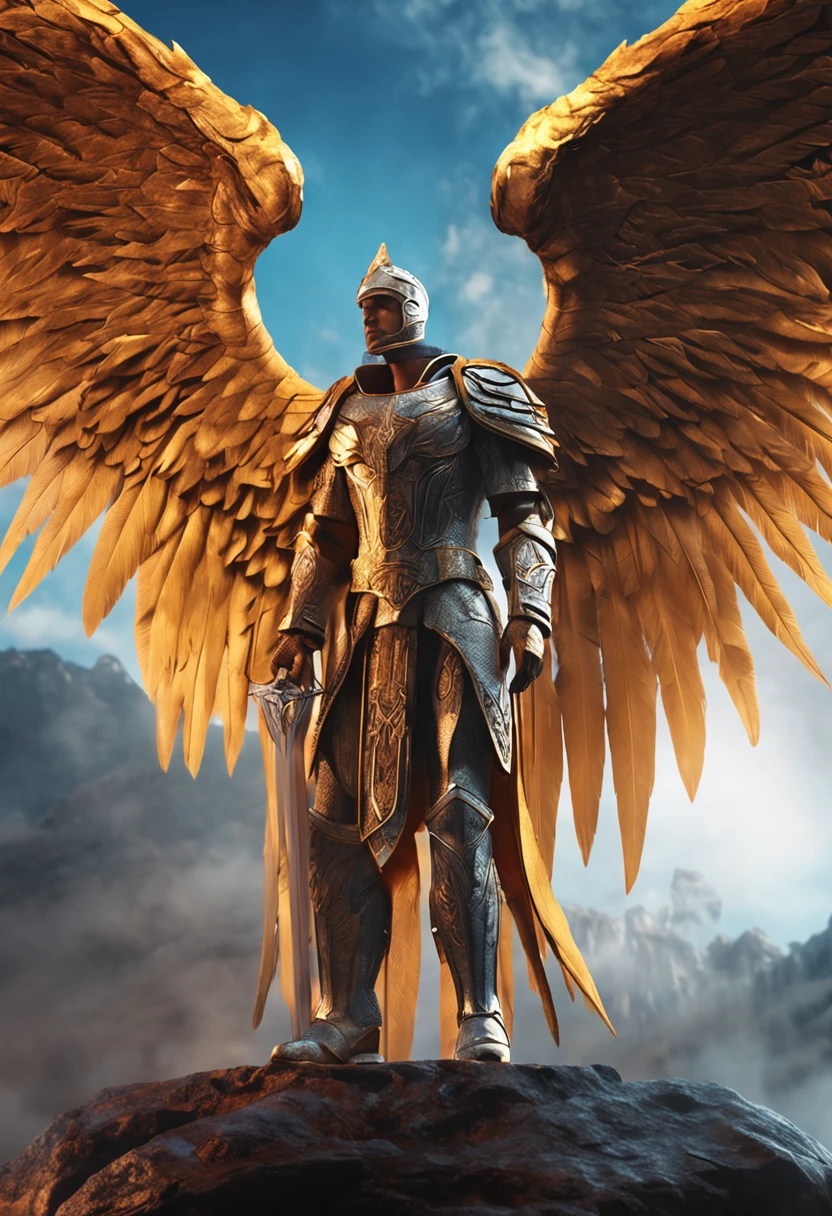 Create an image of an archangel with six large wings,He is leading an army of angels in an epic battle against the forces of evil。He held the Flame Sword in both hands,The face is firm and brave。hyper HD,high detal,super detailing,best qualtiy,8k